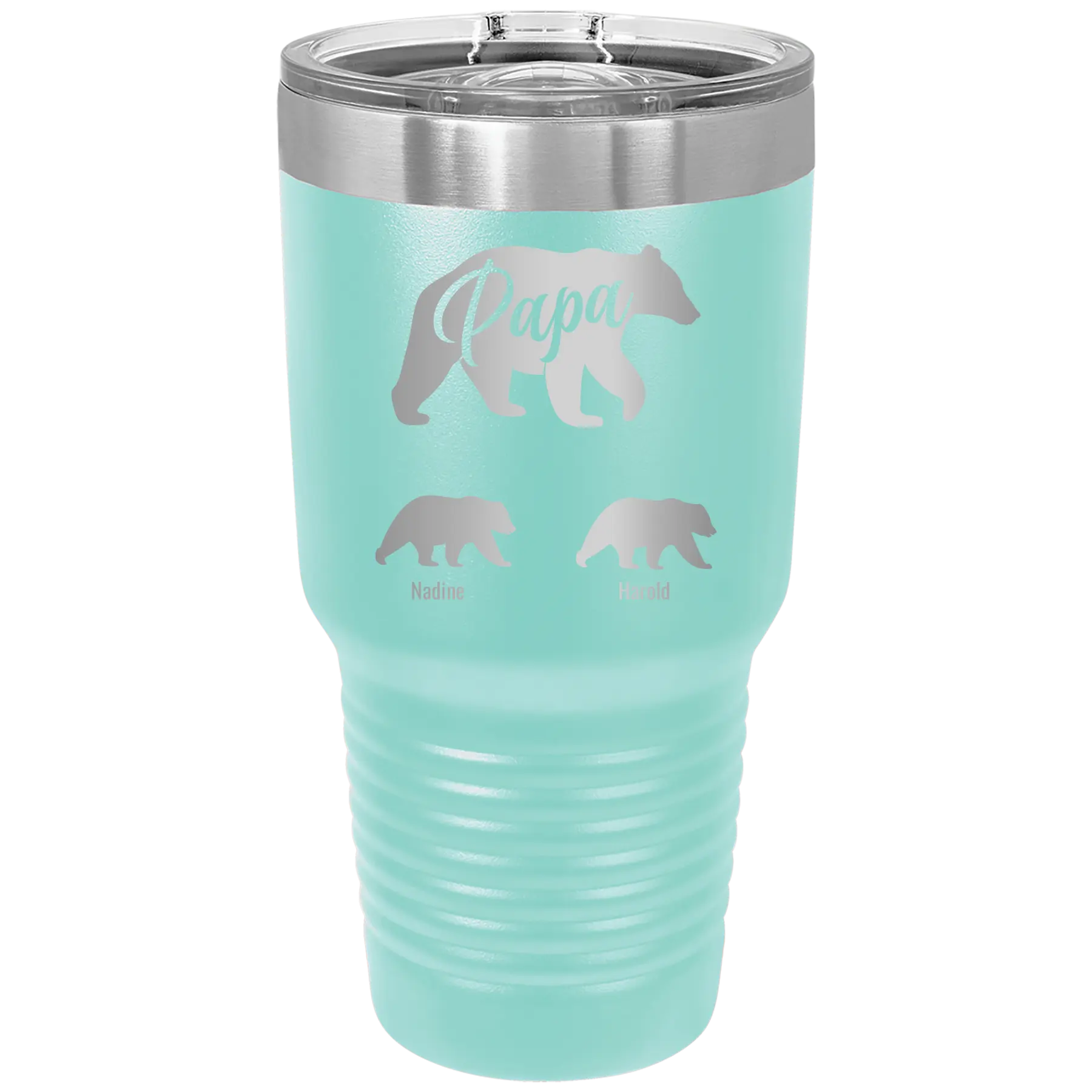 Personalized teal 30 oz vacuum insulated tumbler with 'Papa Bear 2 Baby Bears' design