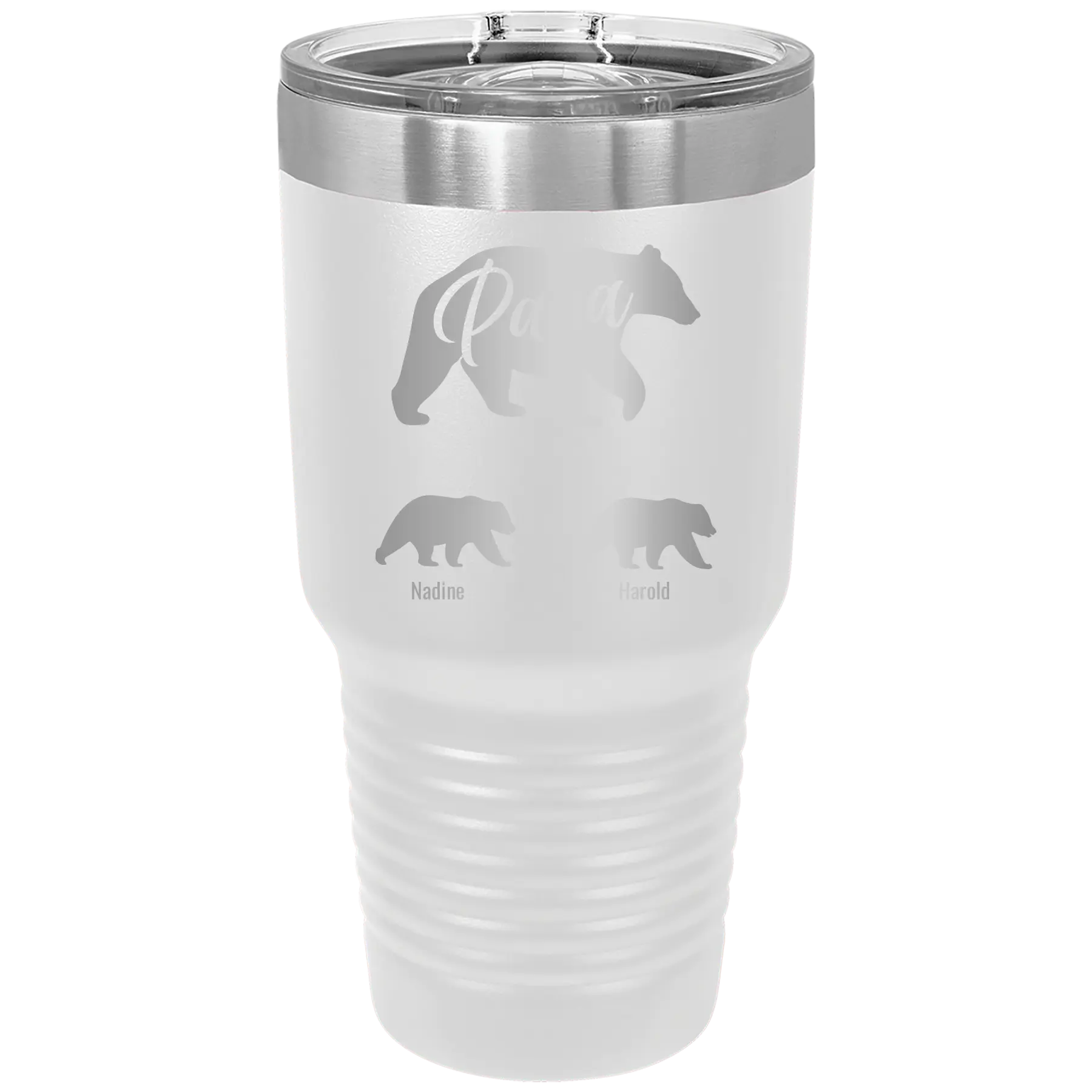 Personalized white 30 oz vacuum insulated tumbler with 'Papa Bear 2 Baby Bears' design