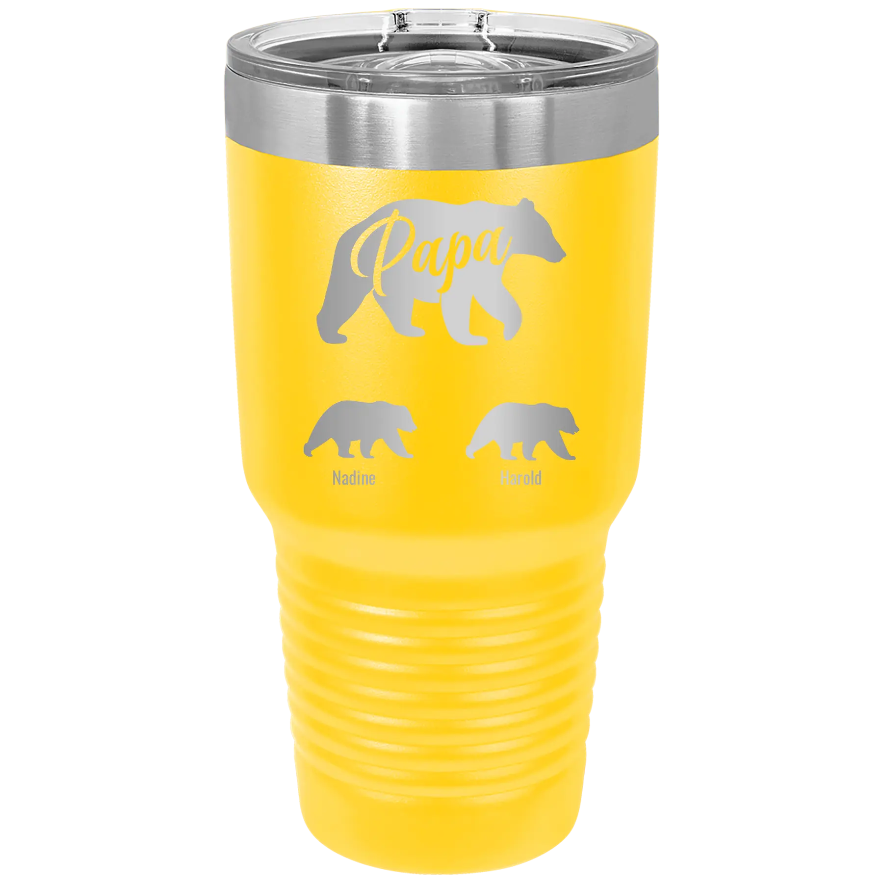 Personalized yellow 30 oz vacuum insulated tumbler with 'Papa Bear 2 Baby Bears' design