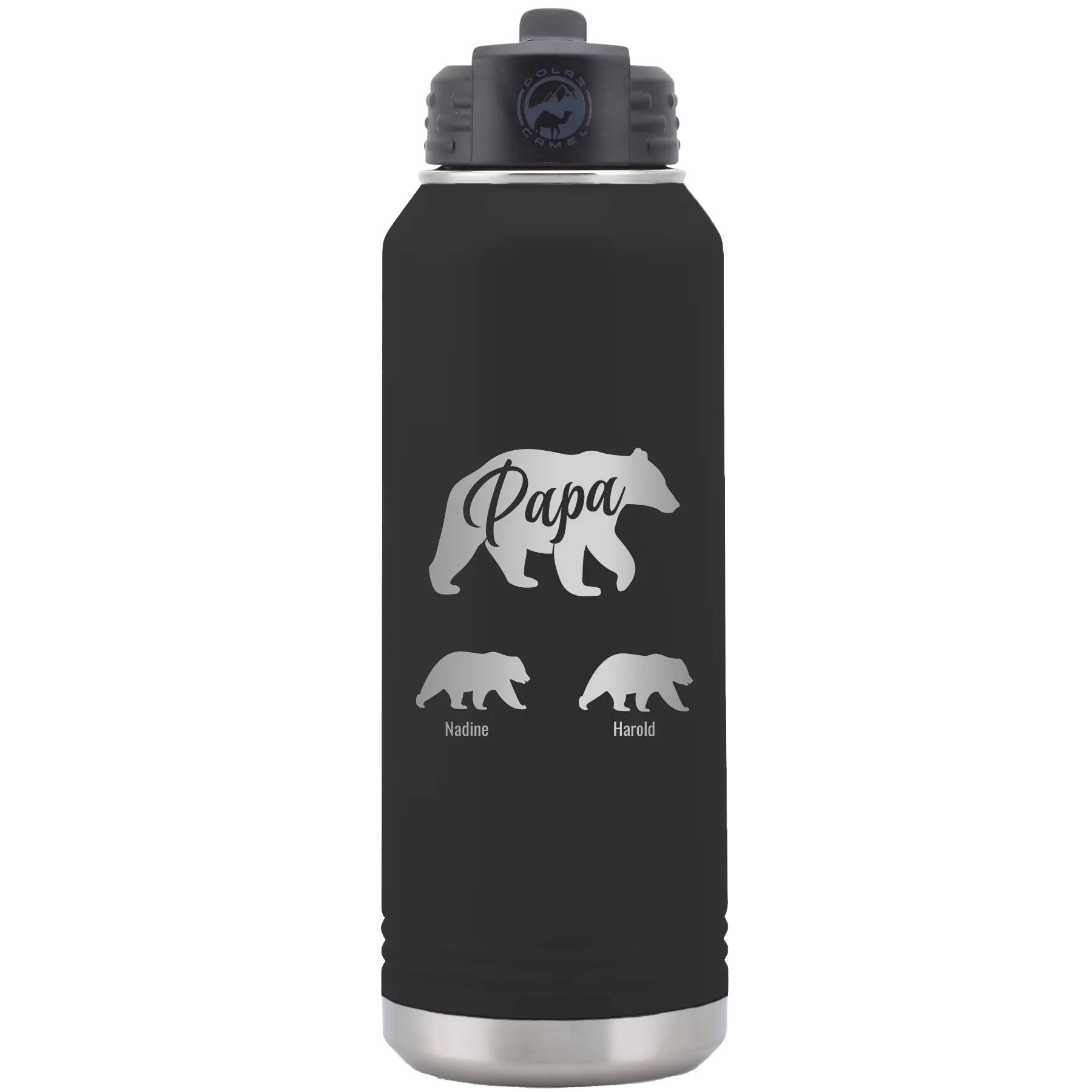 Personalized black 32 oz vacuum insulated water bottle with 'Papa Bear 2 Baby Bears' design