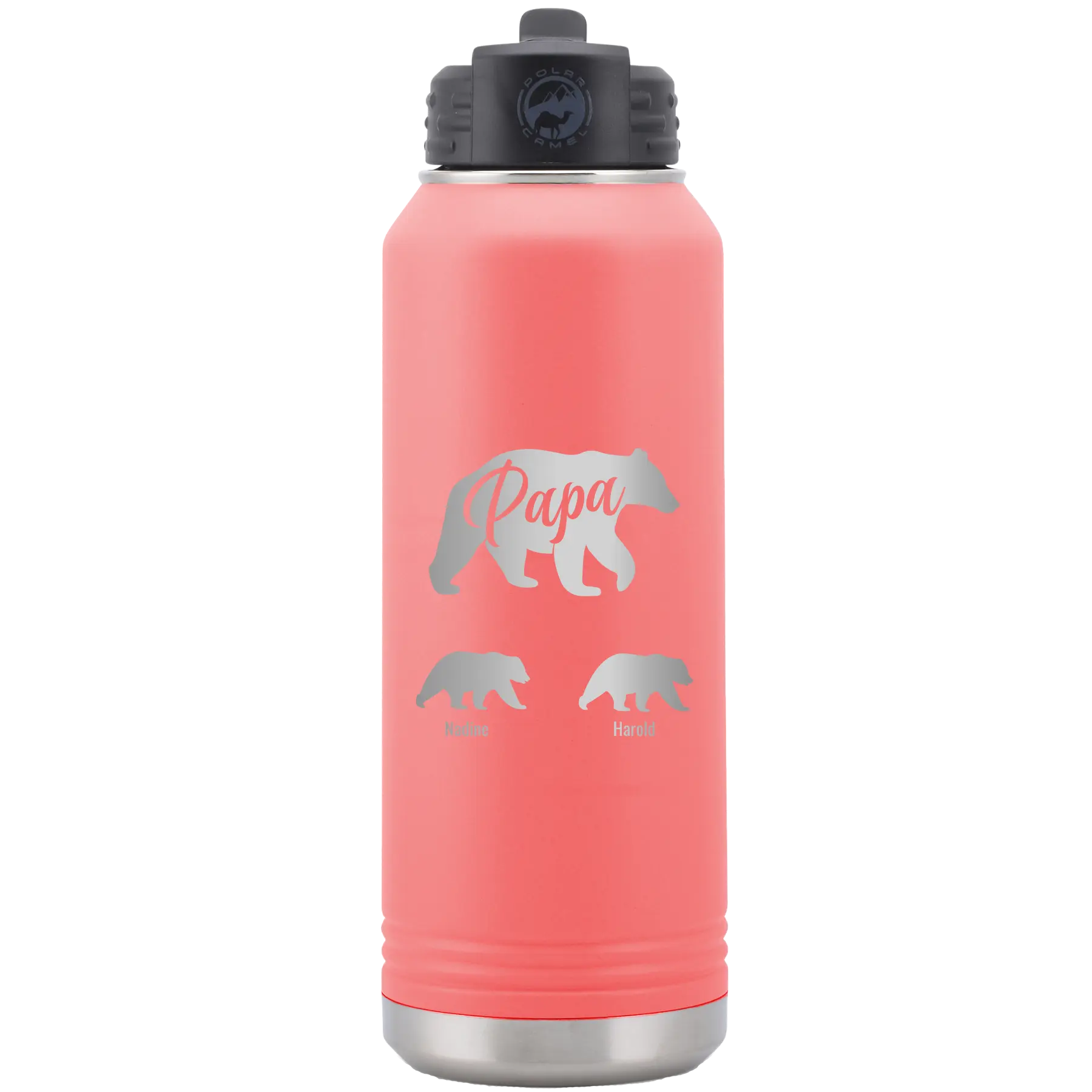 Personalized coral 32 oz vacuum insulated water bottle with 'Papa Bear 2 Baby Bears' design