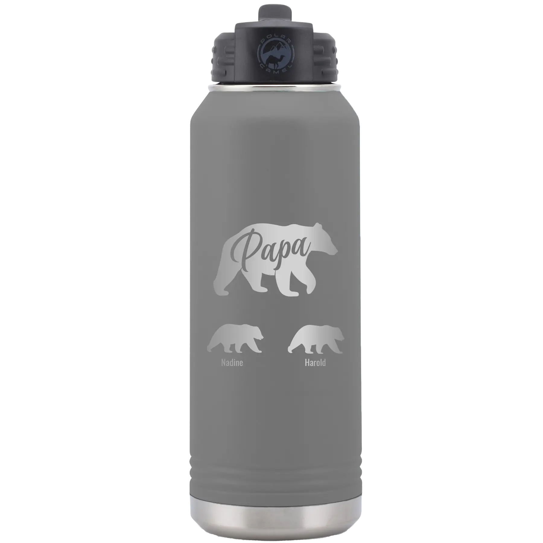 Personalized dark gray 32 oz vacuum insulated water bottle with 'Papa Bear 2 Baby Bears' design