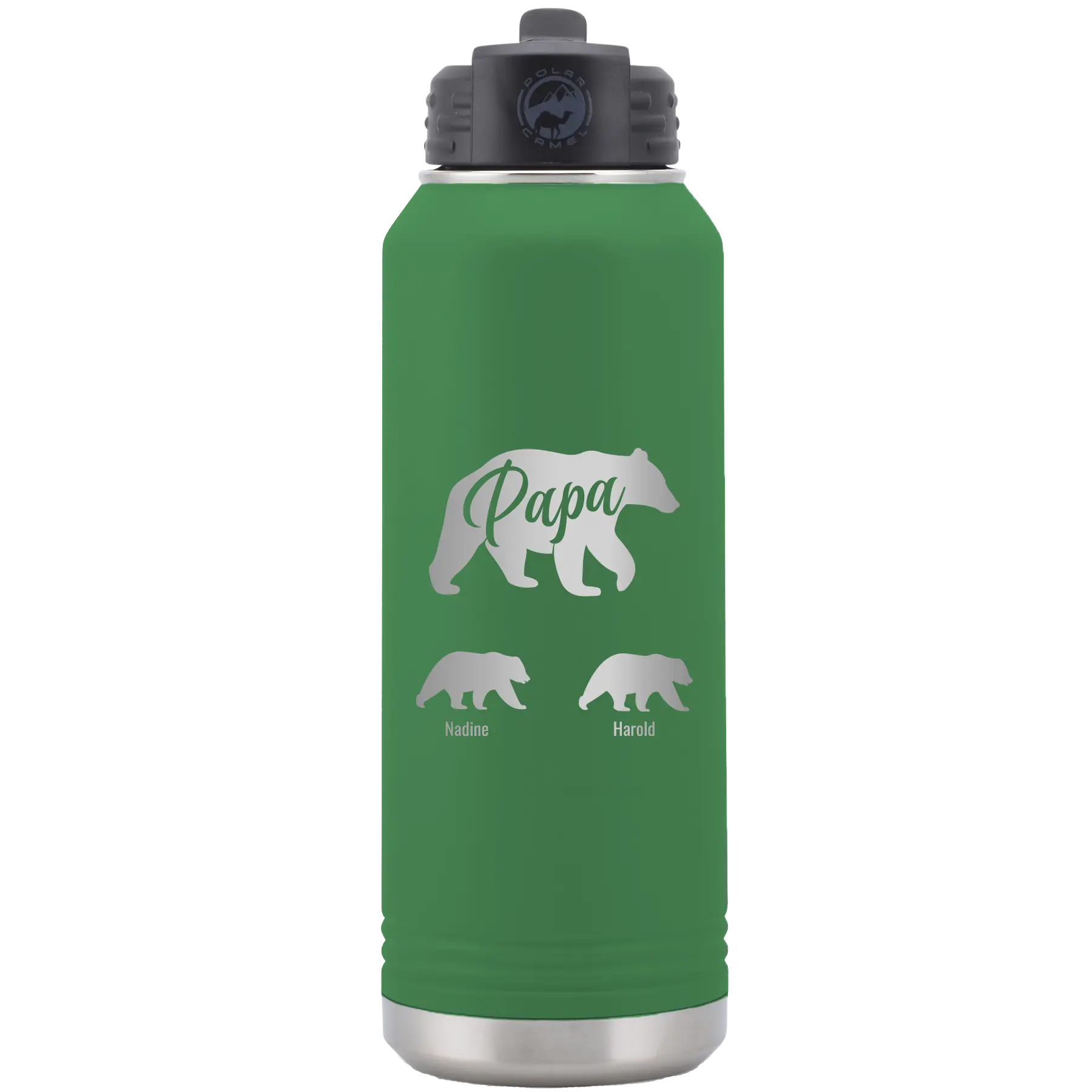 Personalized green 32 oz vacuum insulated water bottle with 'Papa Bear 2 Baby Bears' design