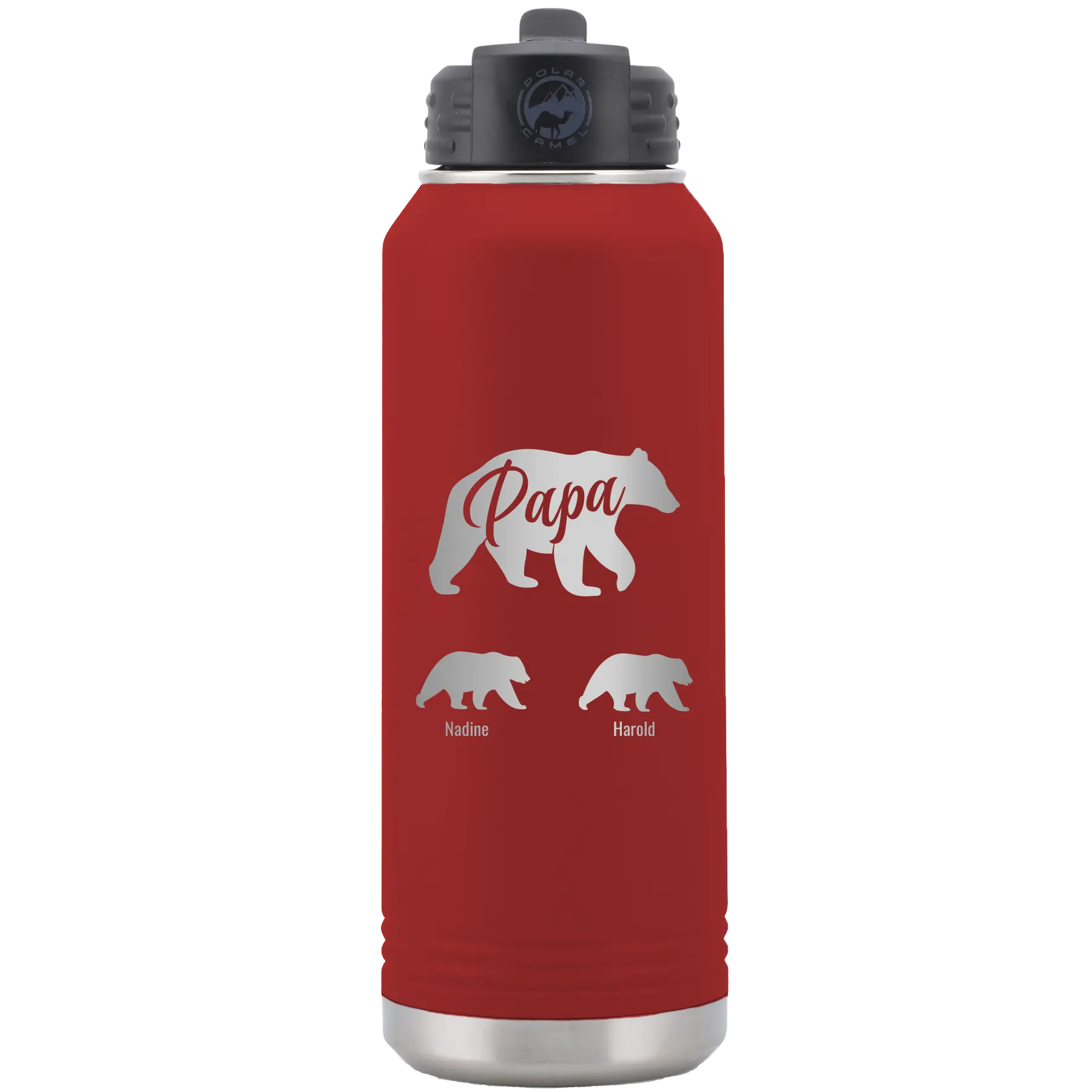 Personalized maroon 32 oz vacuum insulated water bottle with 'Papa Bear 2 Baby Bears' design
