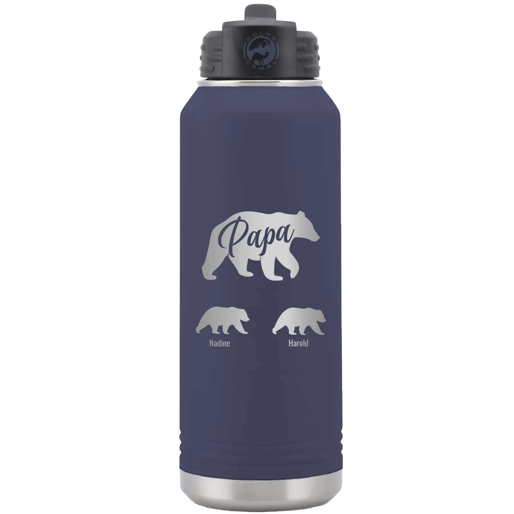 Personalized navy 32 oz vacuum insulated water bottle with 'Papa Bear 2 Baby Bears' design