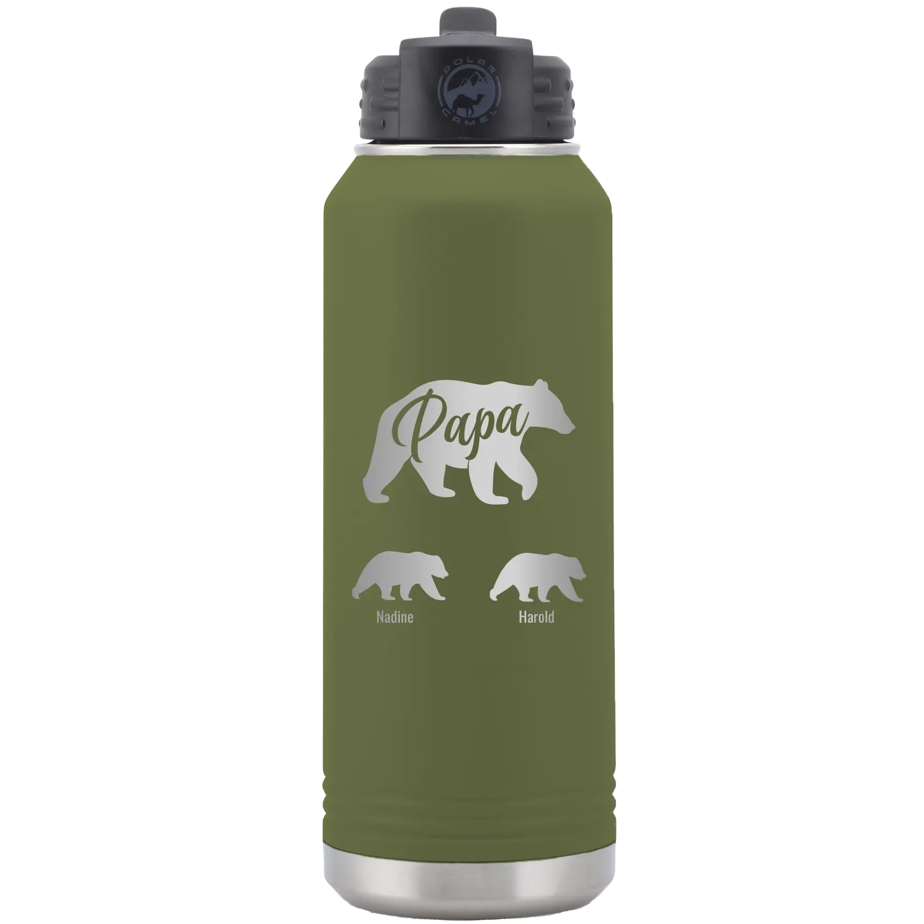 Personalized olive green 32 oz vacuum insulated water bottle with 'Papa Bear 2 Baby Bears' design