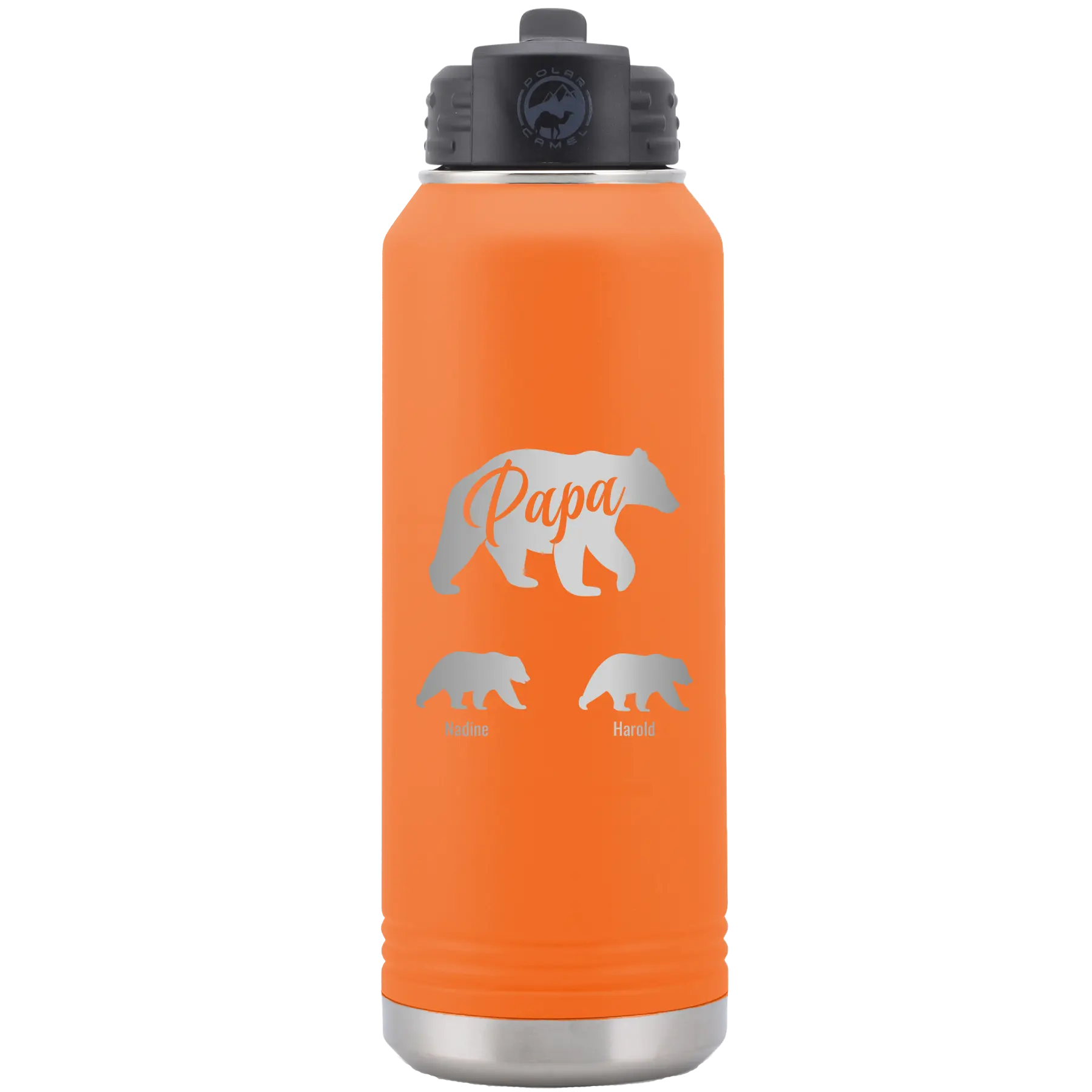 Personalized orange 32 oz vacuum insulated water bottle with 'Papa Bear 2 Baby Bears' design