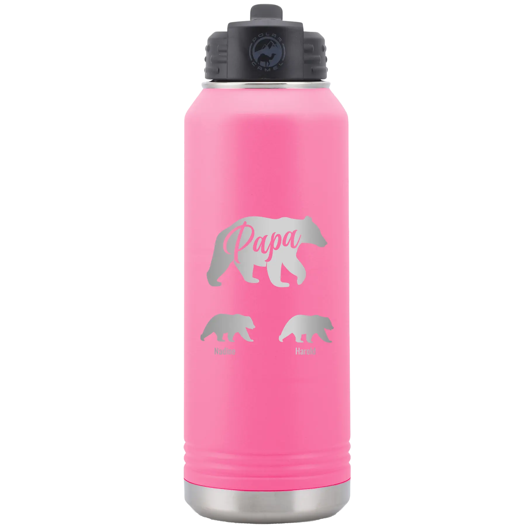 Personalized pink 32 oz vacuum insulated water bottle with 'Papa Bear 2 Baby Bears' design