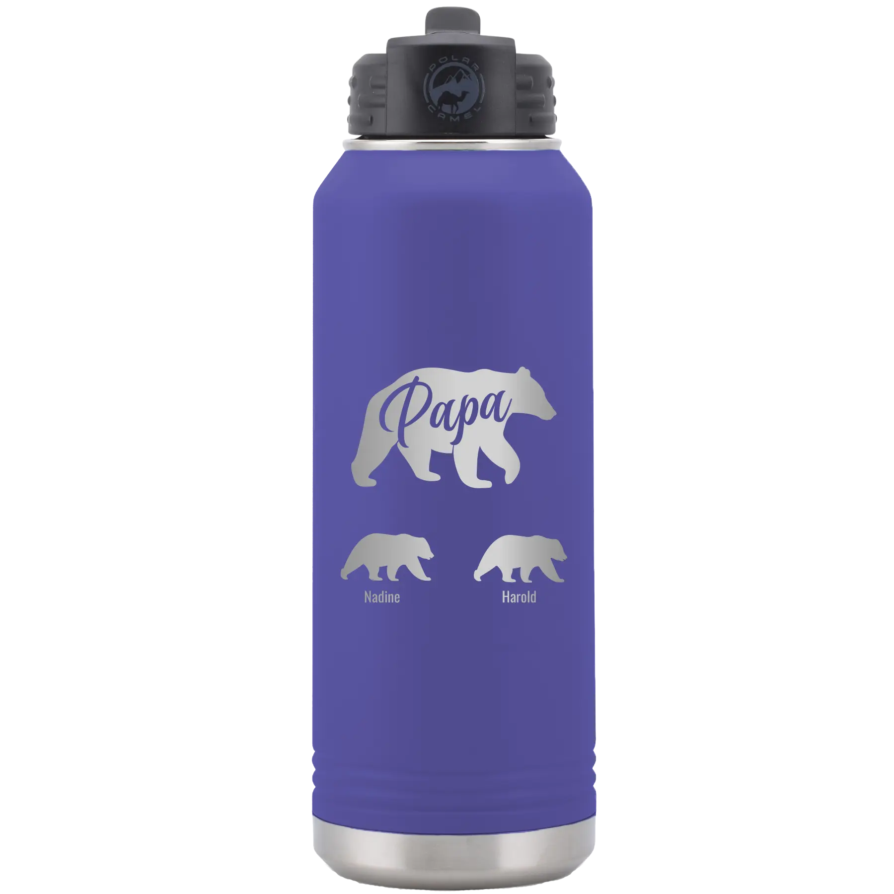 Personalized purple 32 oz vacuum insulated water bottle with 'Papa Bear 2 Baby Bears' design