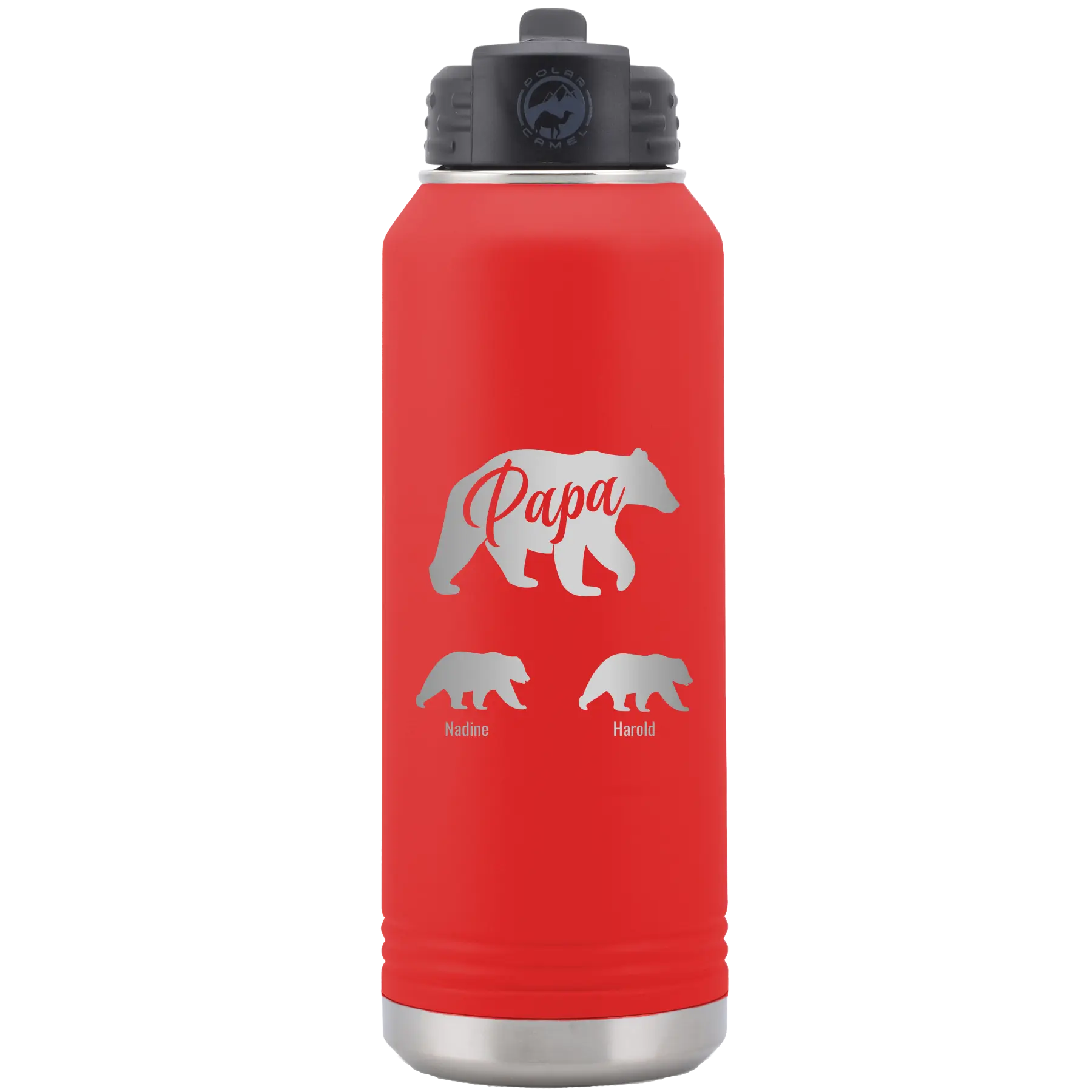 Personalized red 32 oz vacuum insulated water bottle with 'Papa Bear 2 Baby Bears' design
