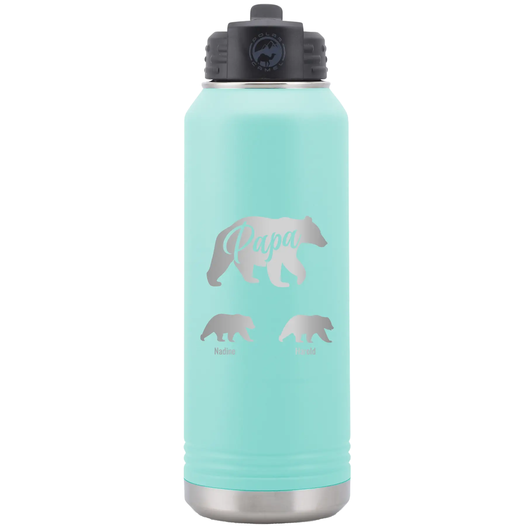 Personalized teal 32 oz vacuum insulated water bottle with 'Papa Bear 2 Baby Bears' design
