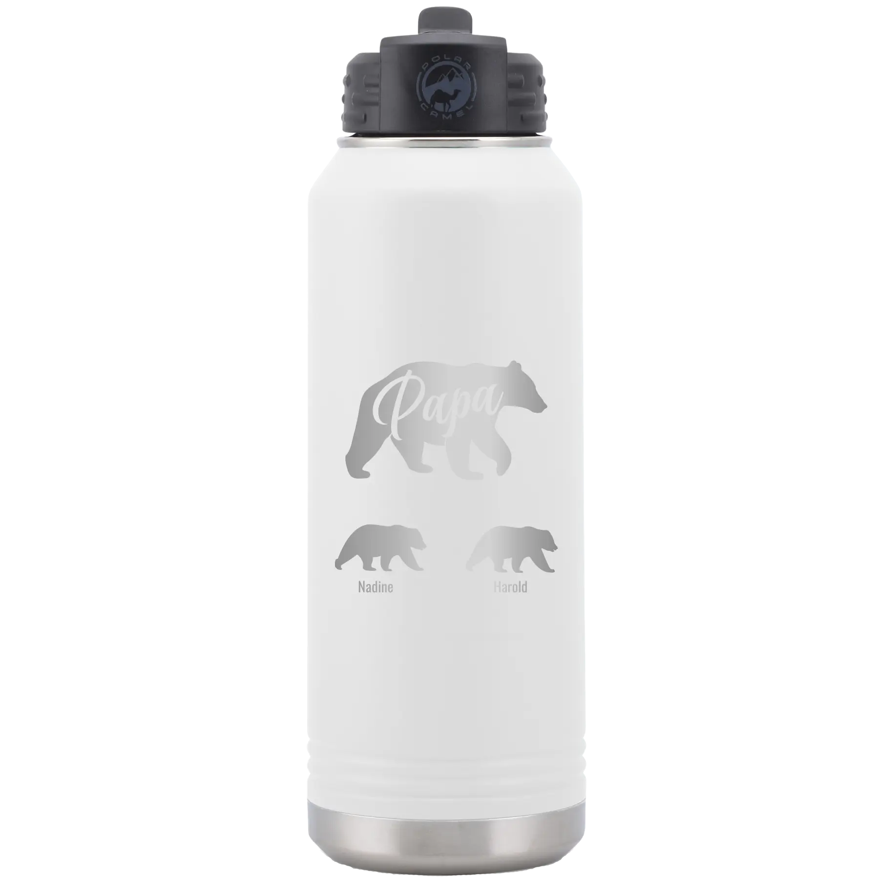 Personalized white 32 oz vacuum insulated water bottle with 'Papa Bear 2 Baby Bears' design