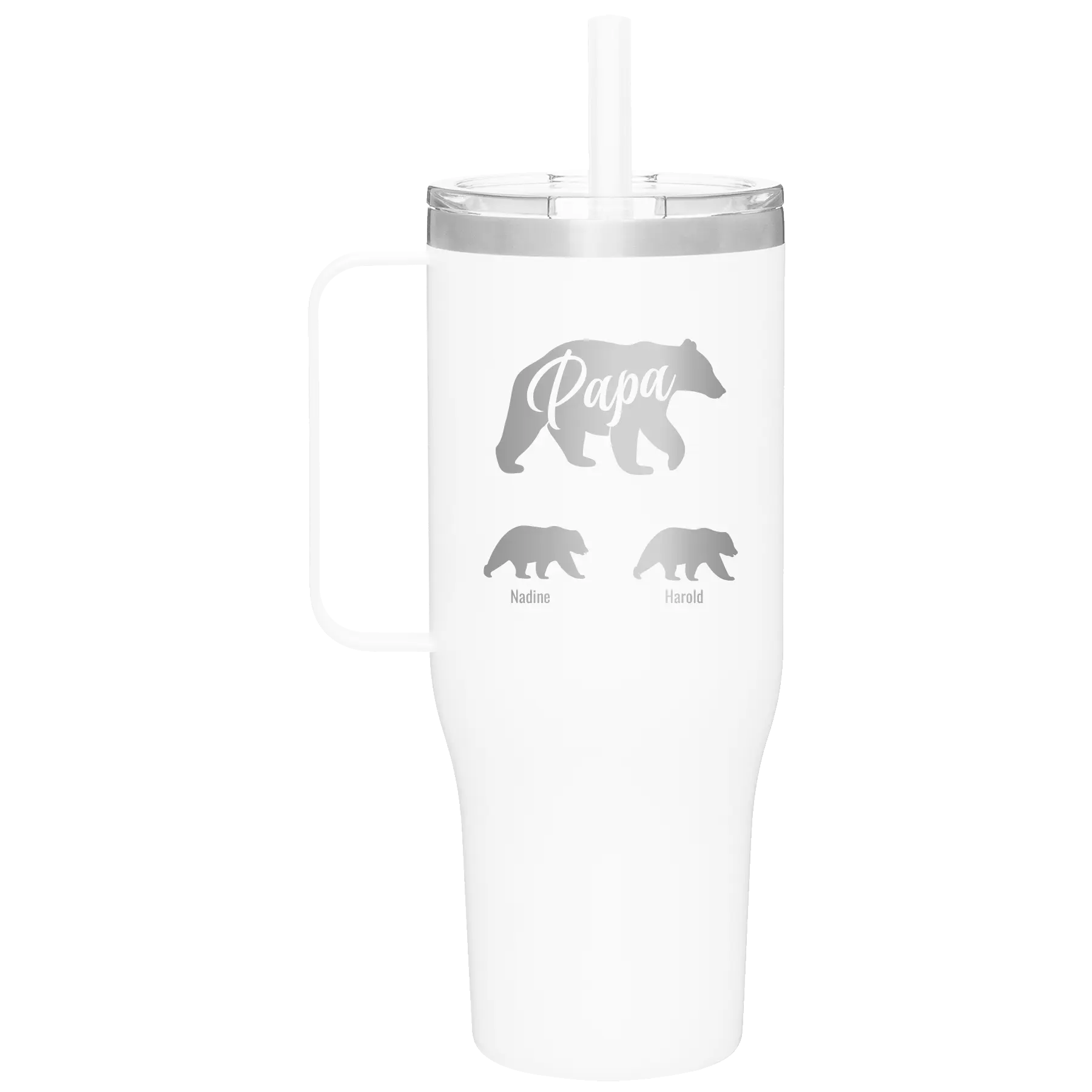 Personalized white 40 oz vacuum insulated tumbler mug with 'Papa Bear 2 Baby Bears' design