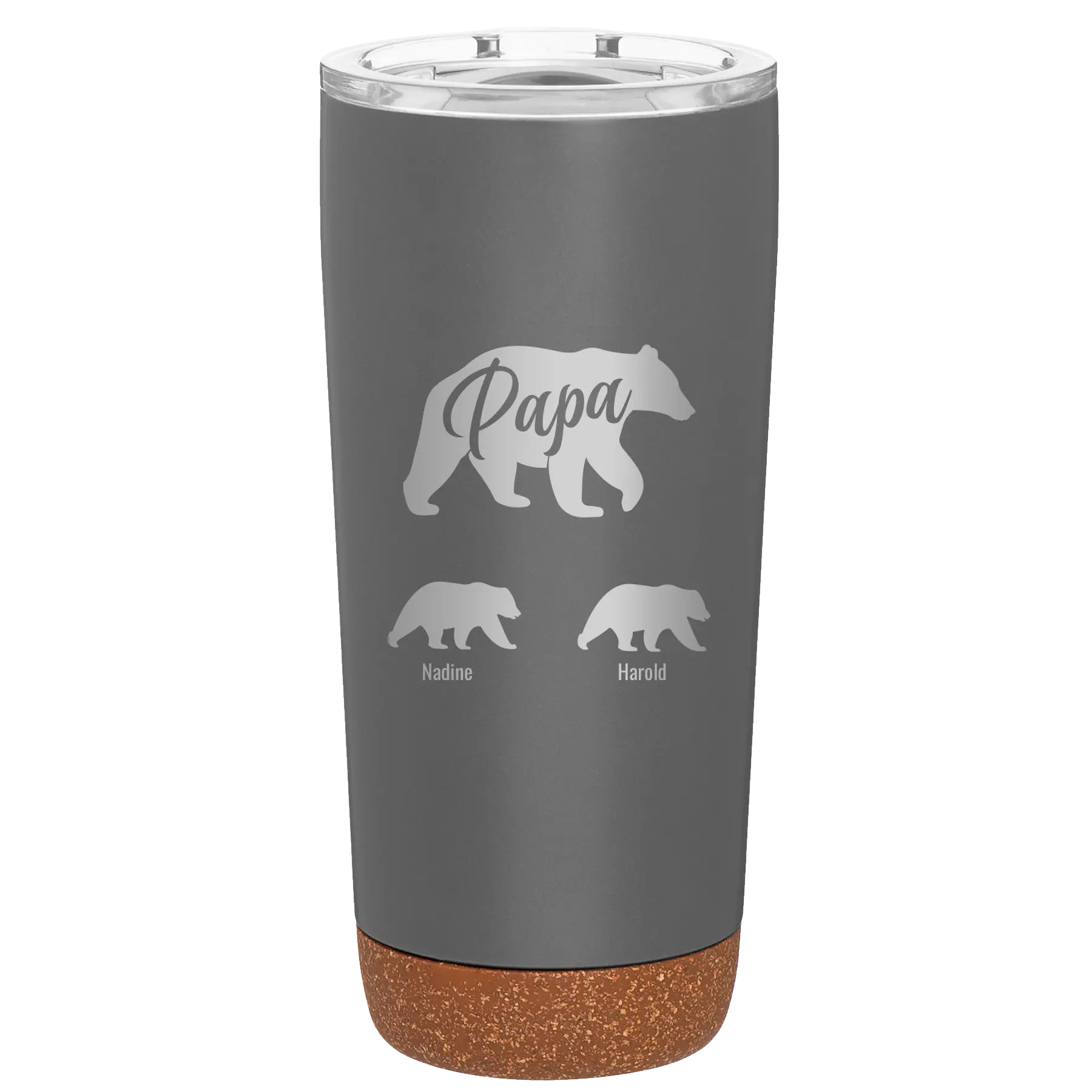 Personalized storm gray 20 oz vacuum insulated tumbler with 'Papa Bear 2 Baby Bears' design