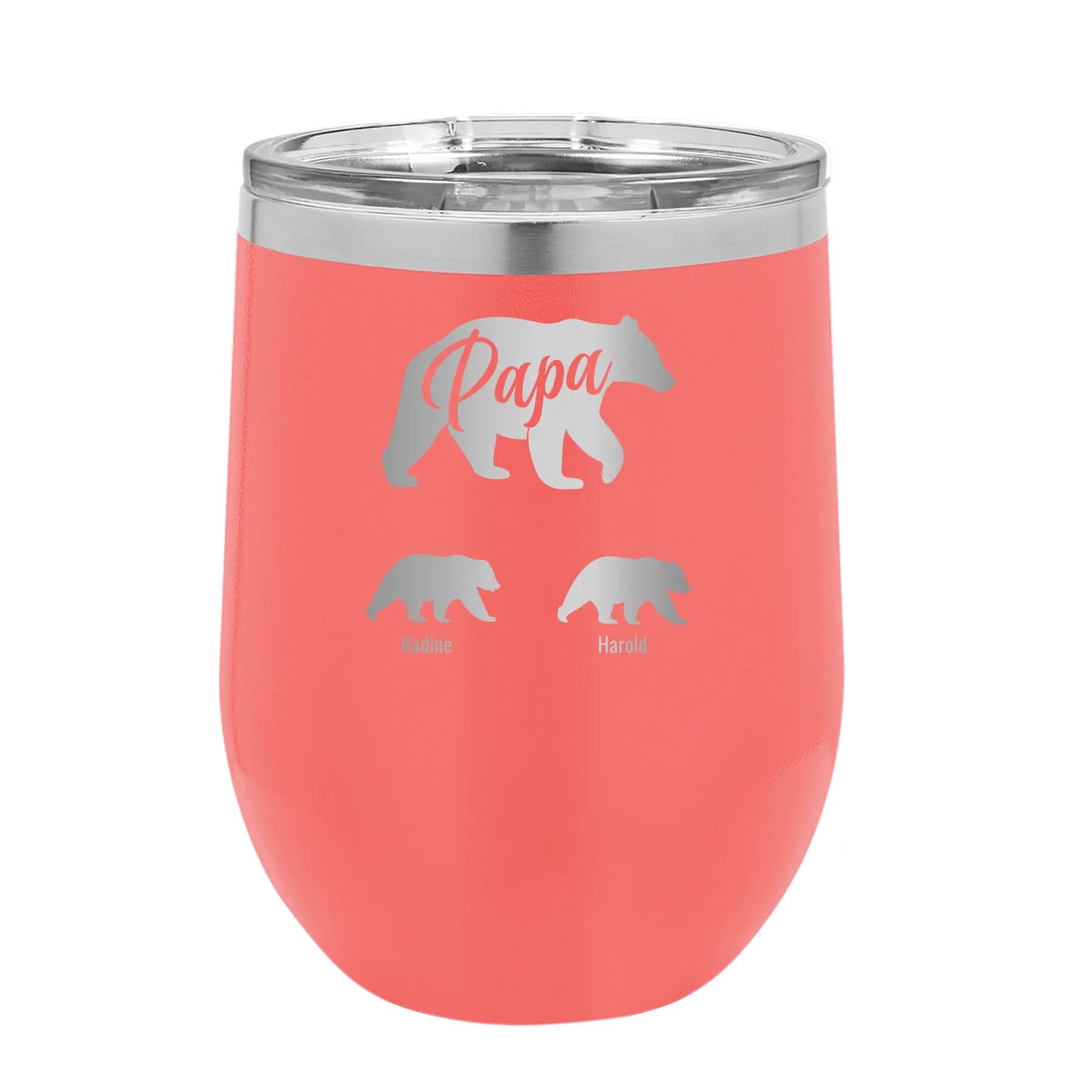 Personalized coral 12 oz vacuum insulated wine cup with 'Papa Bear 2 Baby Bears' design