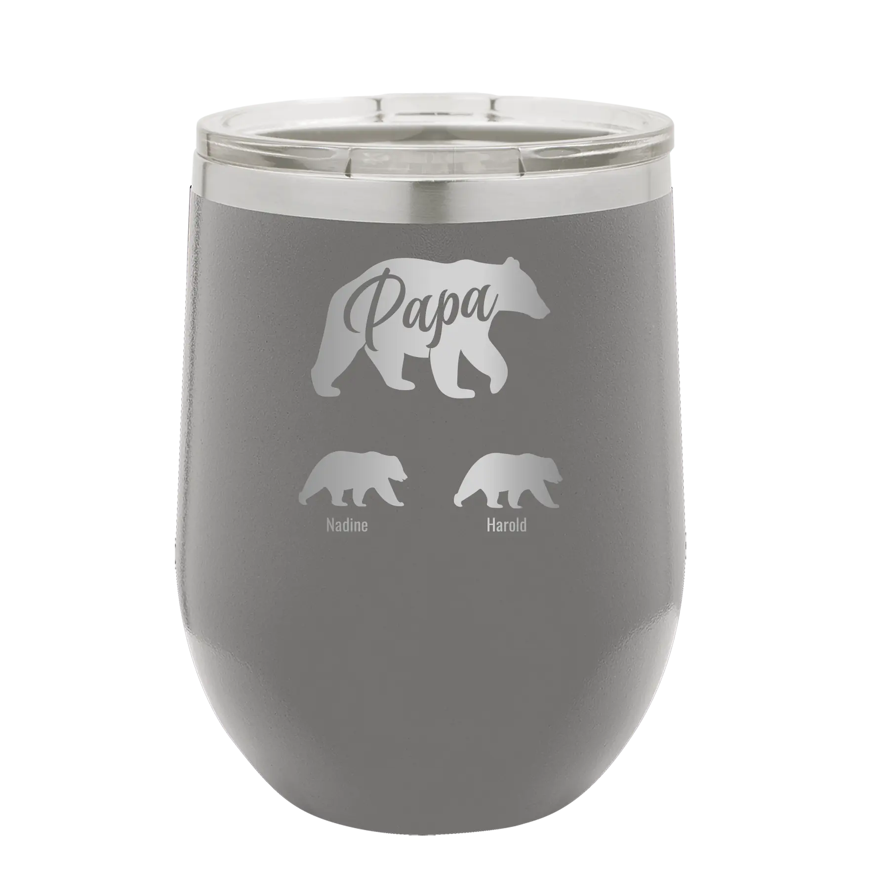 Personalized dark gray 12 oz vacuum insulated wine cup with 'Papa Bear 2 Baby Bears' design