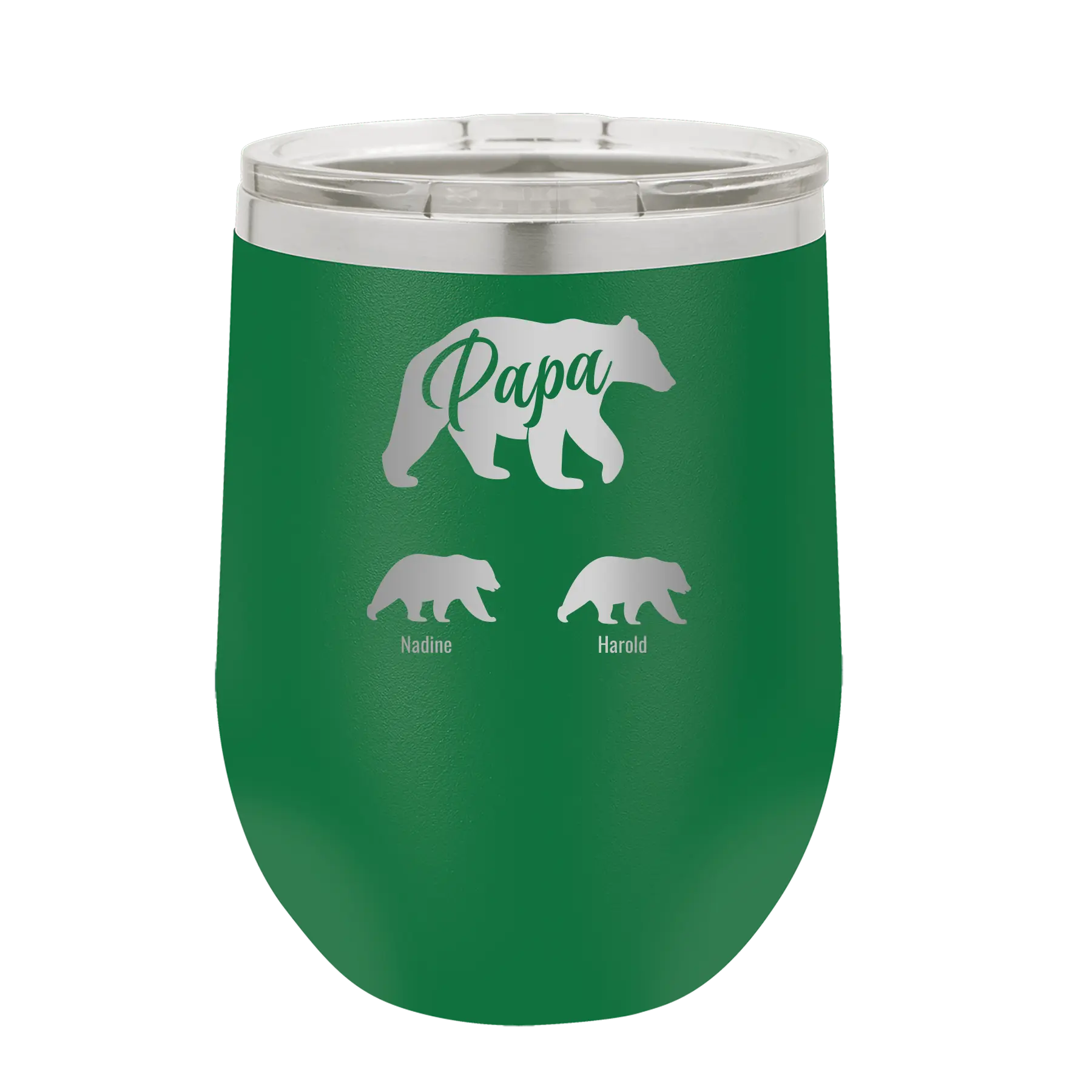 Personalized green 12 oz vacuum insulated wine cup with 'Papa Bear 2 Baby Bears' design