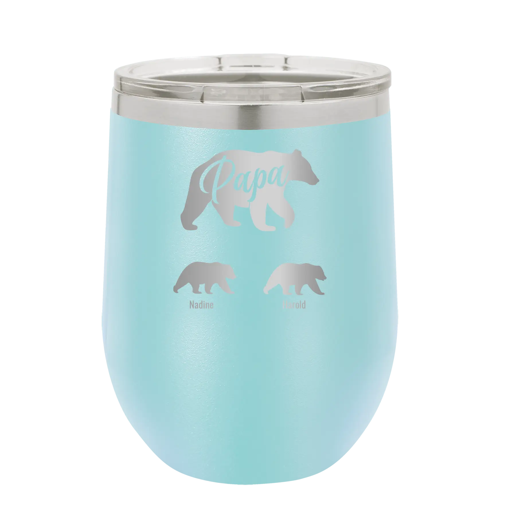 Personalized light blue 12 oz vacuum insulated wine cup with 'Papa Bear 2 Baby Bears' design