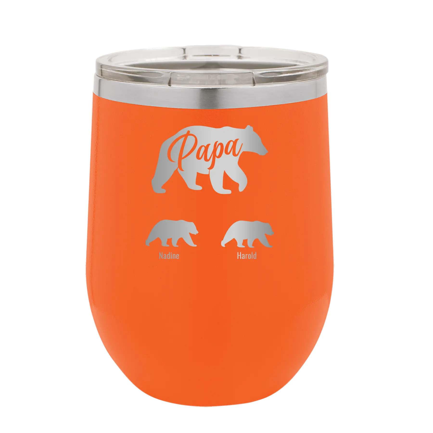 Personalized orange 12 oz vacuum insulated wine cup with 'Papa Bear 2 Baby Bears' design