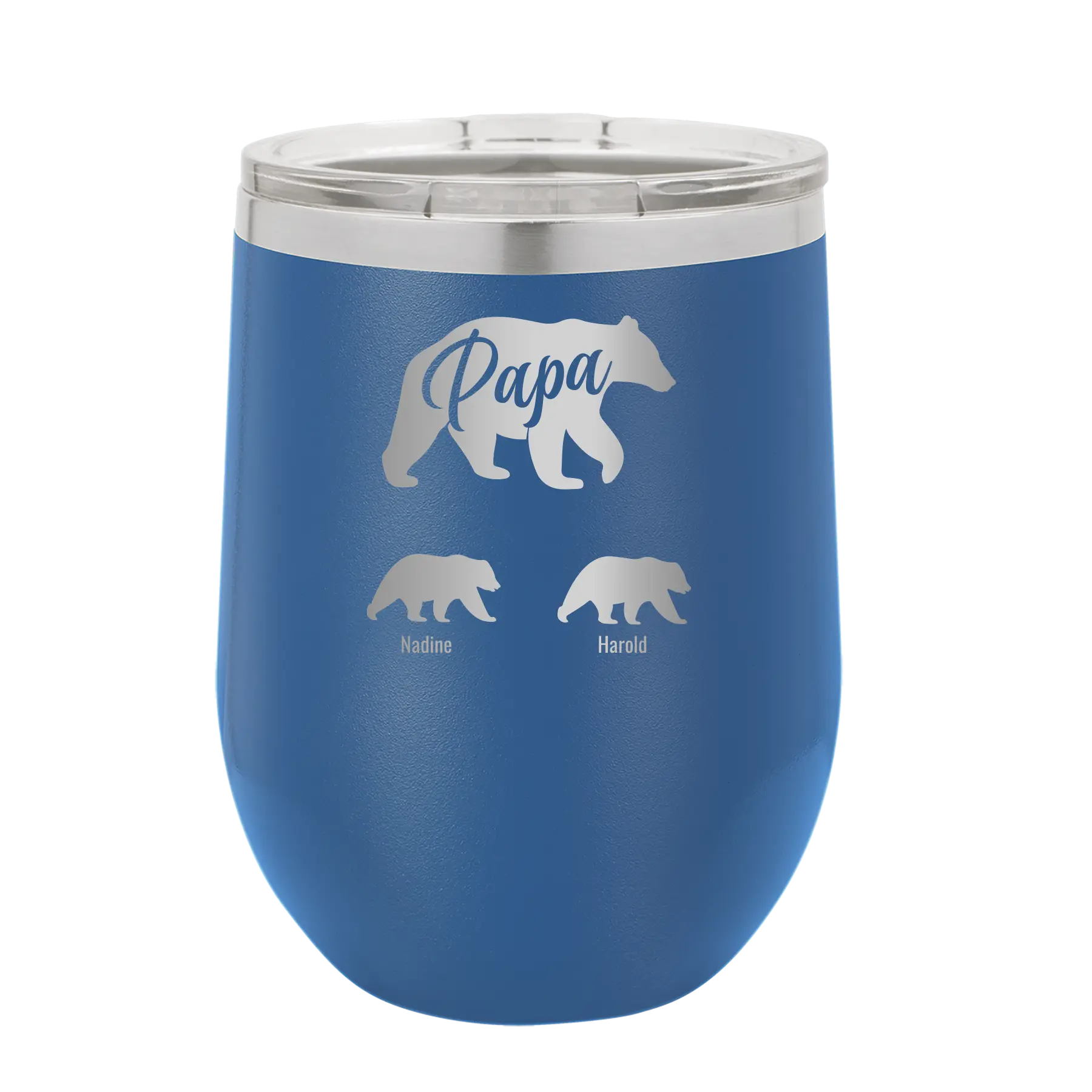 Personalized royal blue 12 oz vacuum insulated wine cup with 'Papa Bear 2 Baby Bears' design