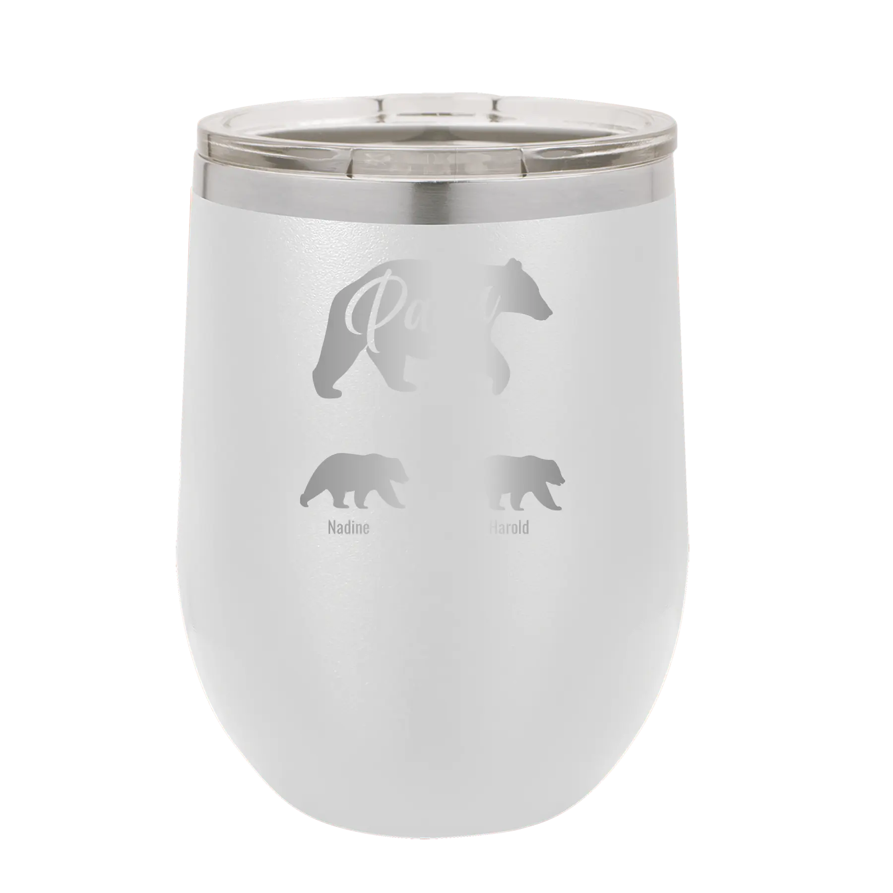 Personalized white 12 oz vacuum insulated wine cup with 'Papa Bear 2 Baby Bears' design