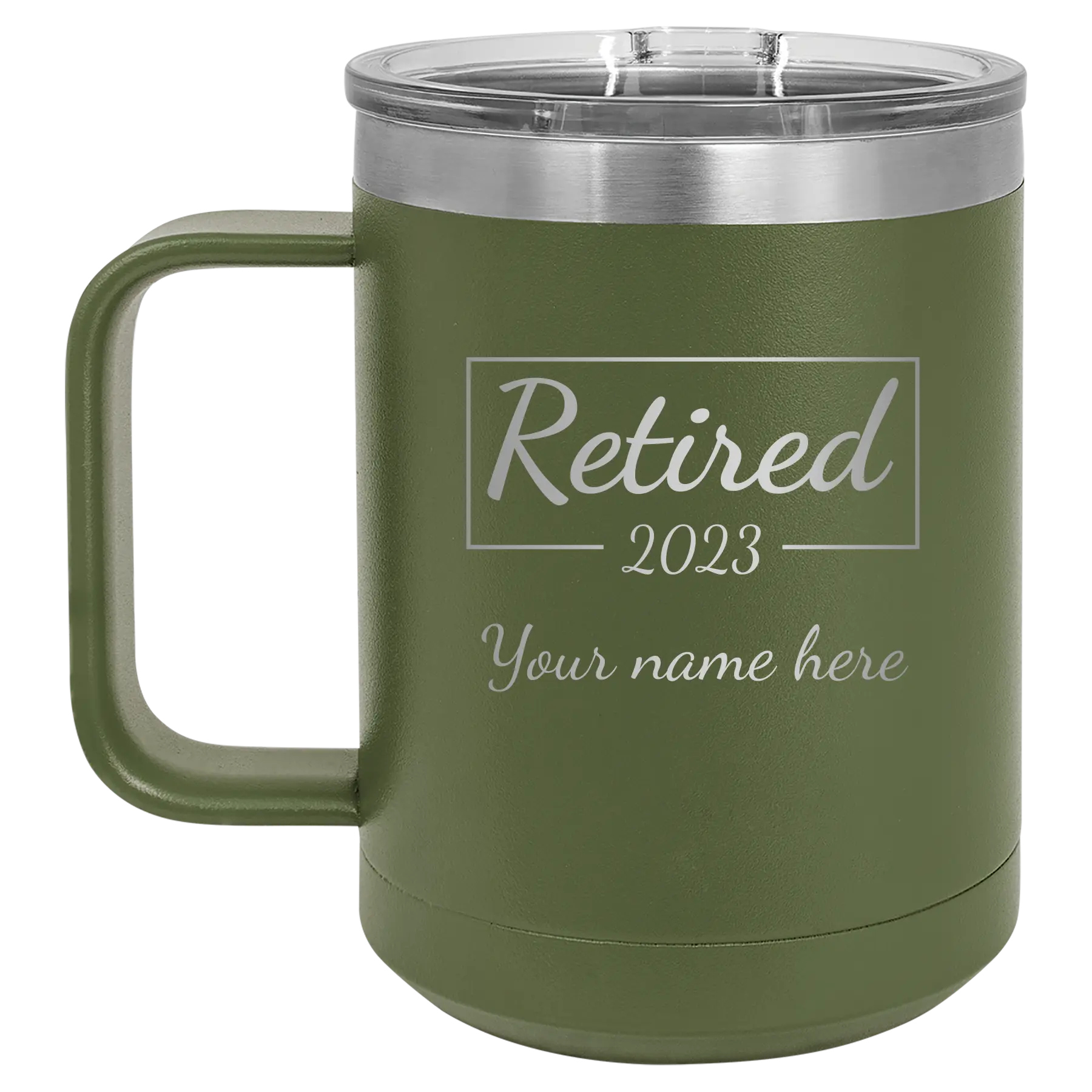 Personalized olive green 15 oz vacuum insulated coffee mug with 'Retired Script' design