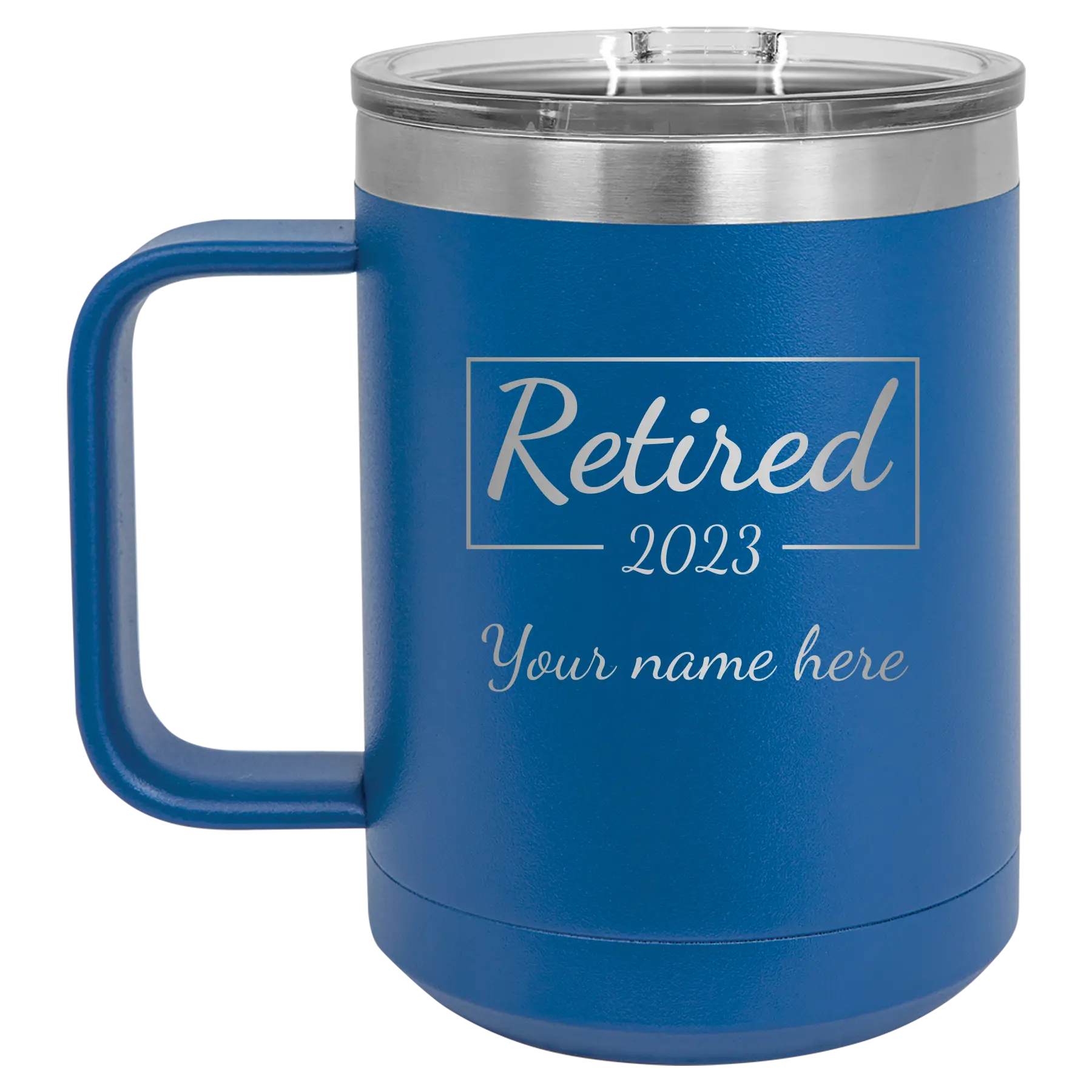 Personalized royal blue 15 oz vacuum insulated coffee mug with 'Retired Script' design