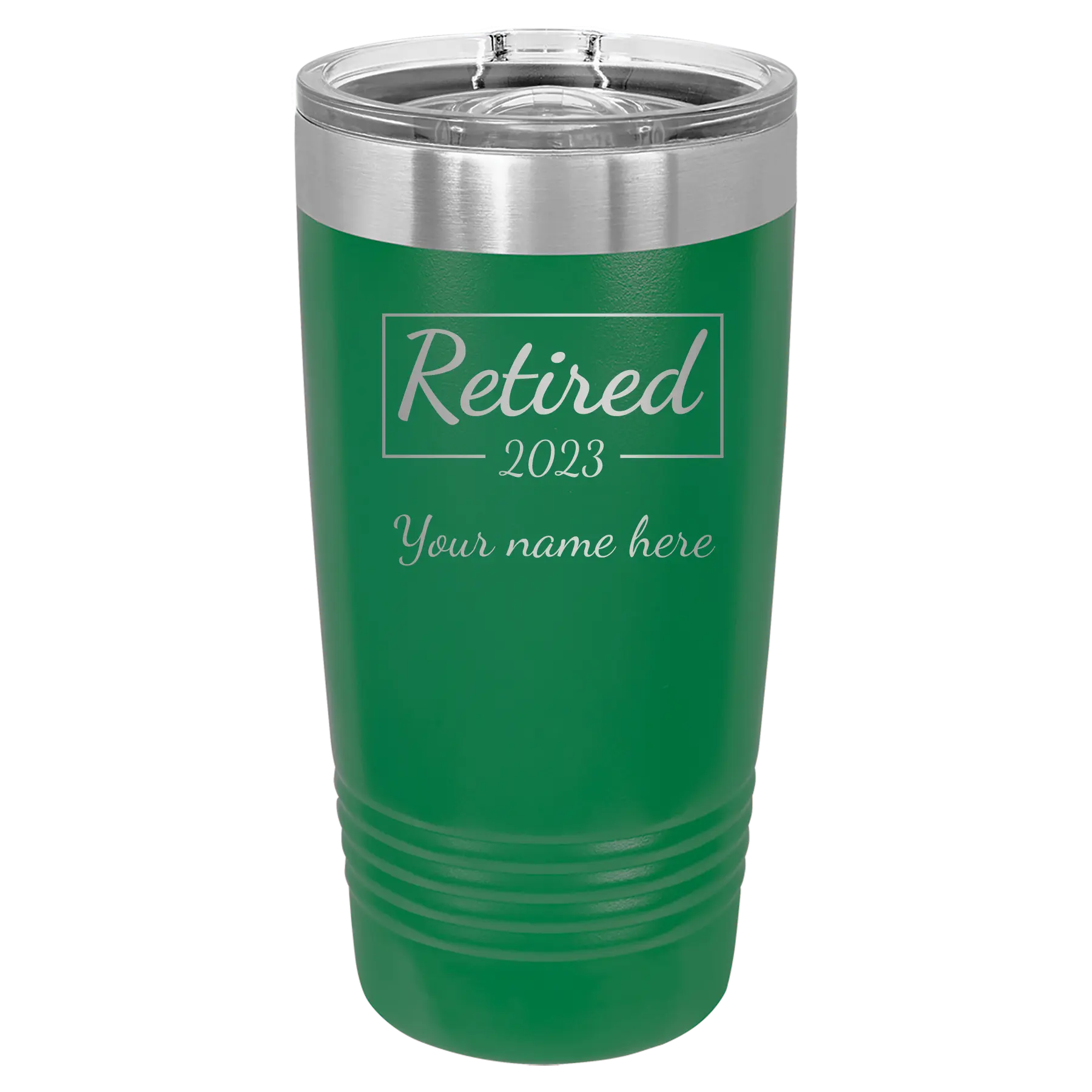 Personalized green 20 oz vacuum insulated tumbler with 'Retired Script' design