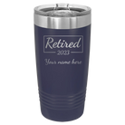 Personalized navy 20 oz vacuum insulated tumbler with 'Retired Script' design