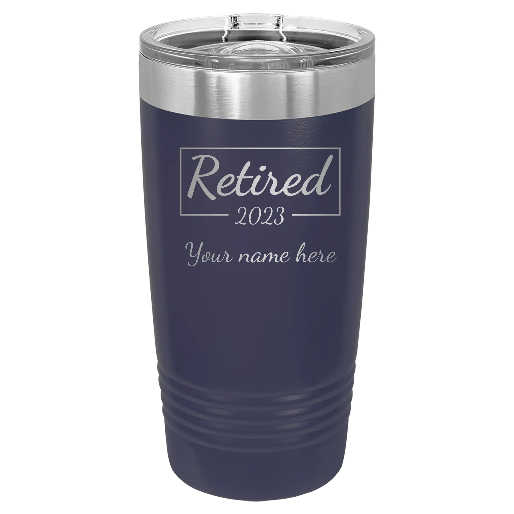 Personalized navy 20 oz vacuum insulated tumbler with 'Retired Script' design