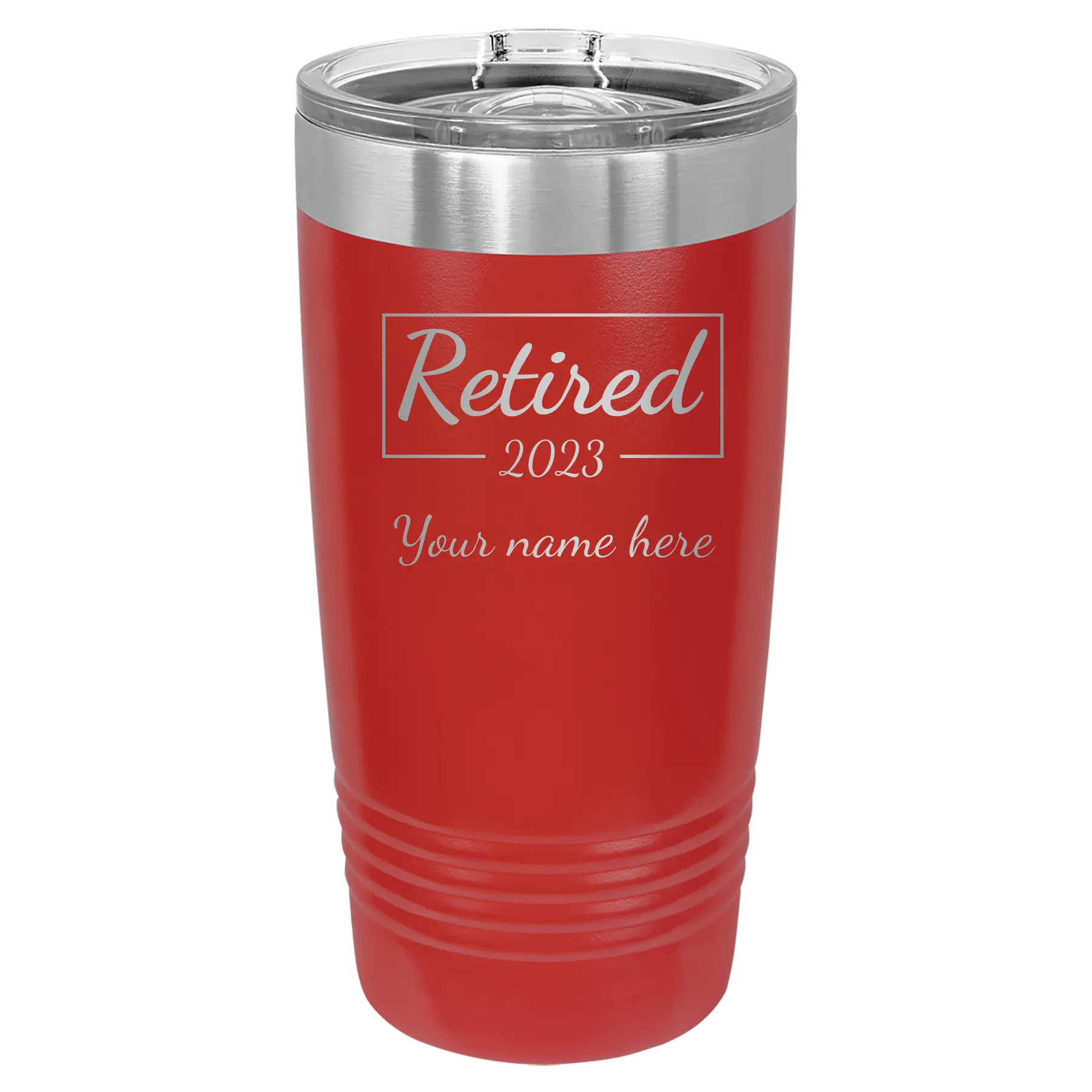 Personalized red 20 oz vacuum insulated tumbler with 'Retired Script' design