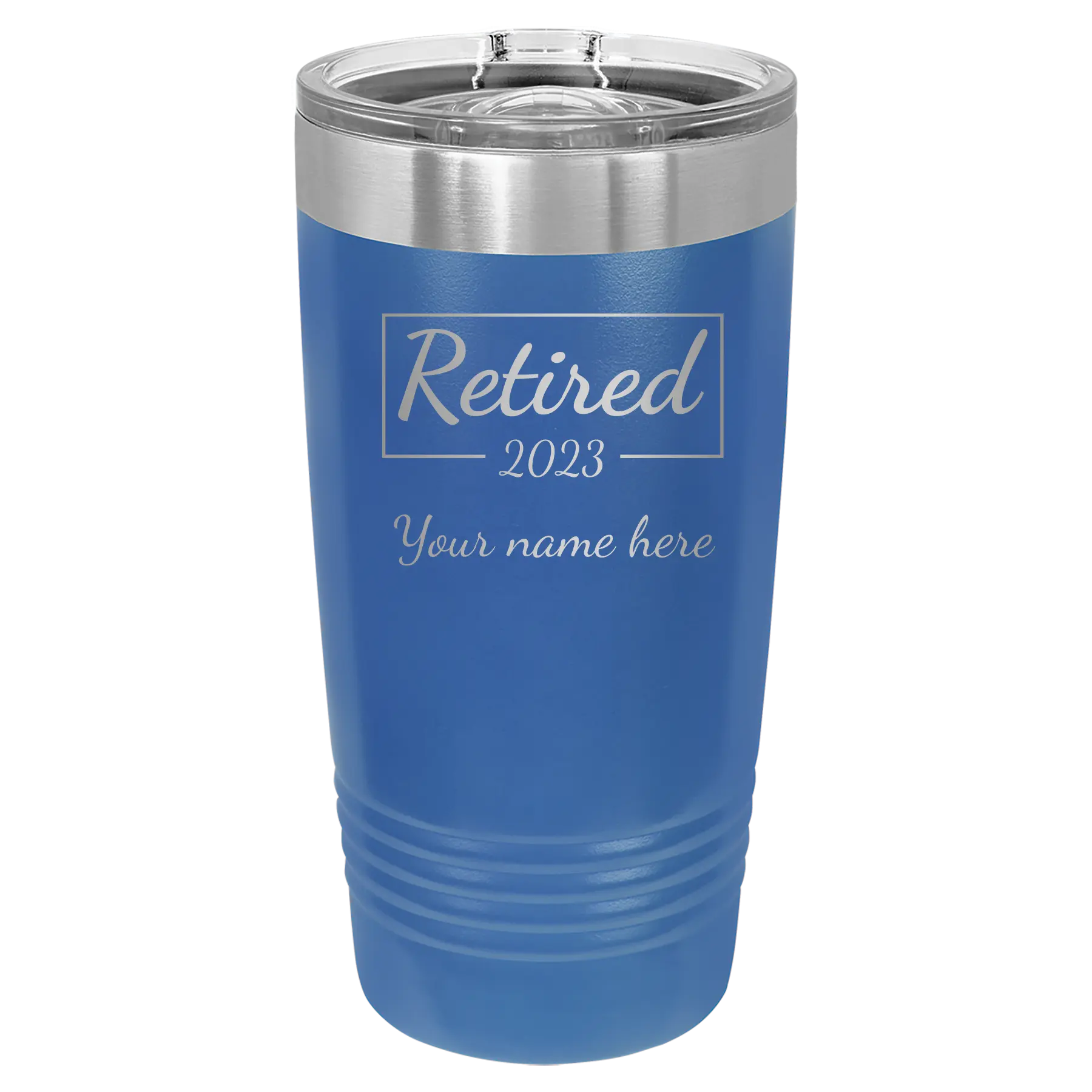 Personalized royal blue 20 oz vacuum insulated tumbler with 'Retired Script' design
