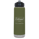 Personalized olive green 20 oz vacuum insulated water bottle with 'Retired Script' design