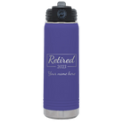 Personalized purple 20 oz vacuum insulated water bottle with 'Retired Script' design