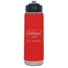 Personalized red 20 oz vacuum insulated water bottle with 'Retired Script' design