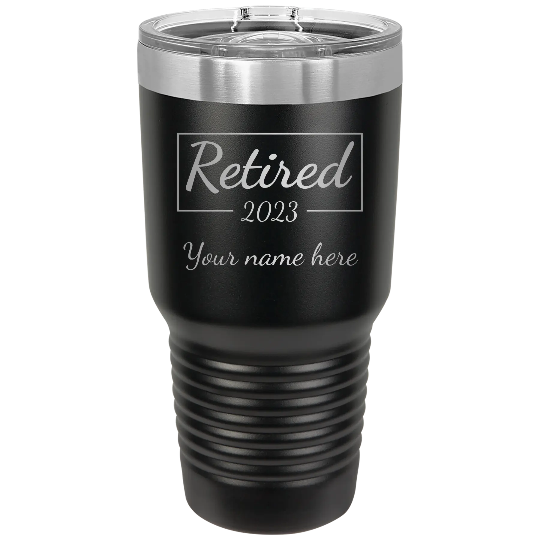 Personalized black 30 oz vacuum insulated tumbler with 'Retired Script' design