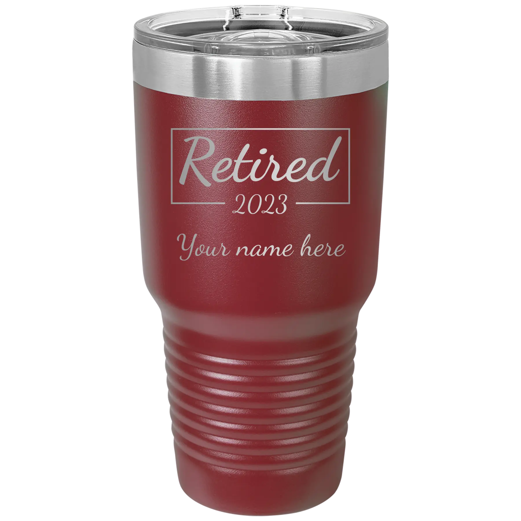 Personalized maroon 30 oz vacuum insulated tumbler with 'Retired Script' design