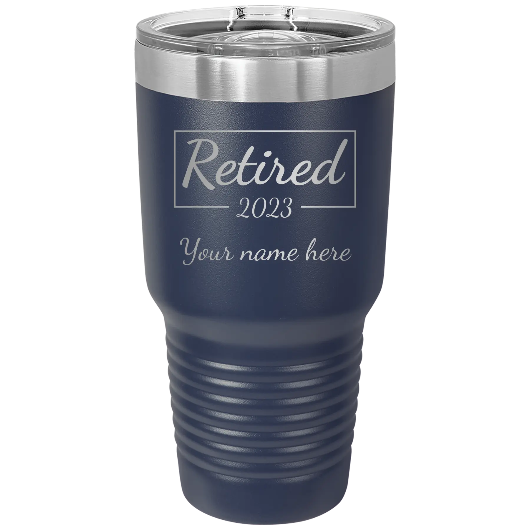 Personalized navy 30 oz vacuum insulated tumbler with 'Retired Script' design