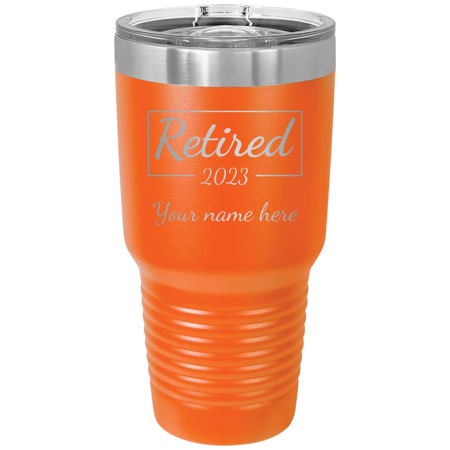 Personalized orange 30 oz vacuum insulated tumbler with 'Retired Script' design