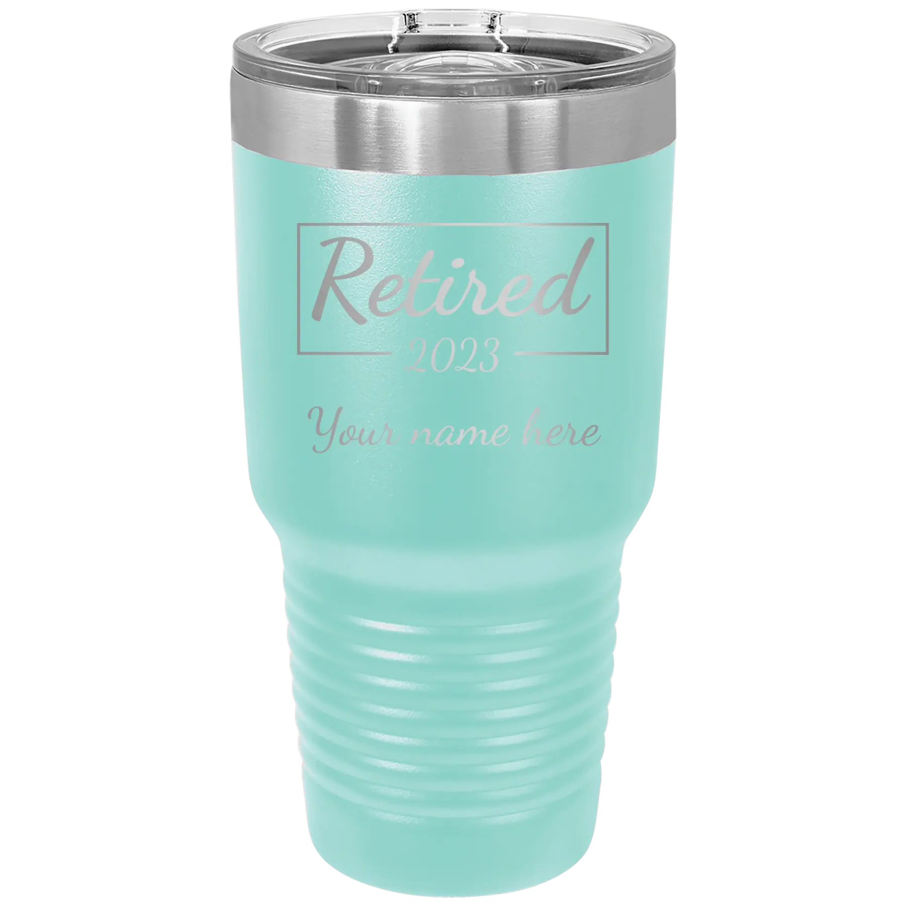Personalized teal 30 oz vacuum insulated tumbler with 'Retired Script' design