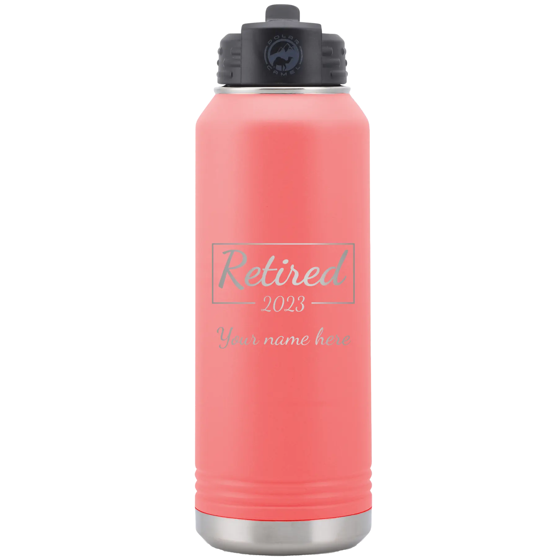 Personalized coral 32 oz vacuum insulated water bottle with 'Retired Script' design