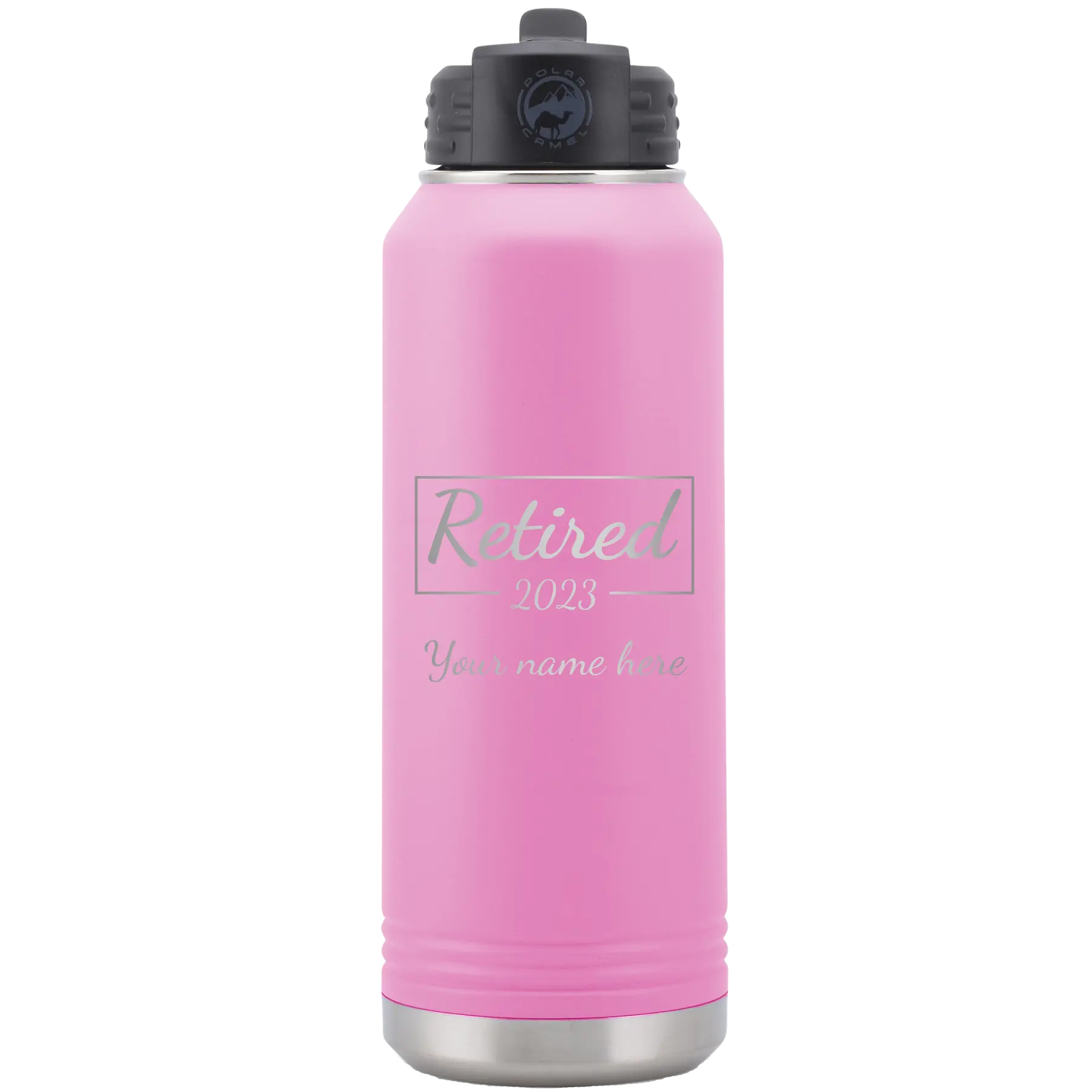 Personalized light purple 32 oz vacuum insulated water bottle with 'Retired Script' design