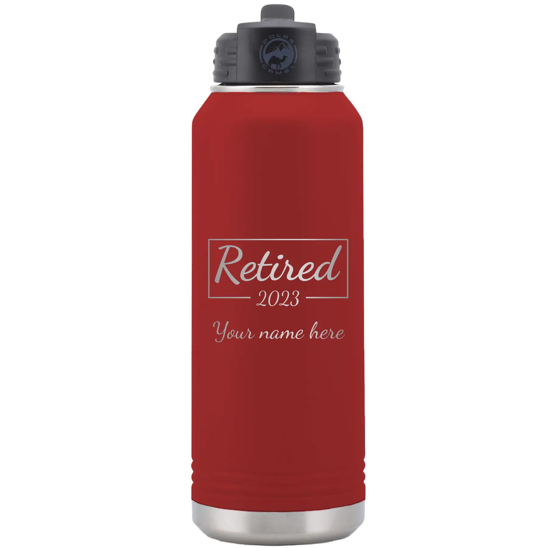 Personalized maroon 32 oz vacuum insulated water bottle with 'Retired Script' design