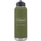 Personalized olive green 32 oz vacuum insulated water bottle with 'Retired Script' design