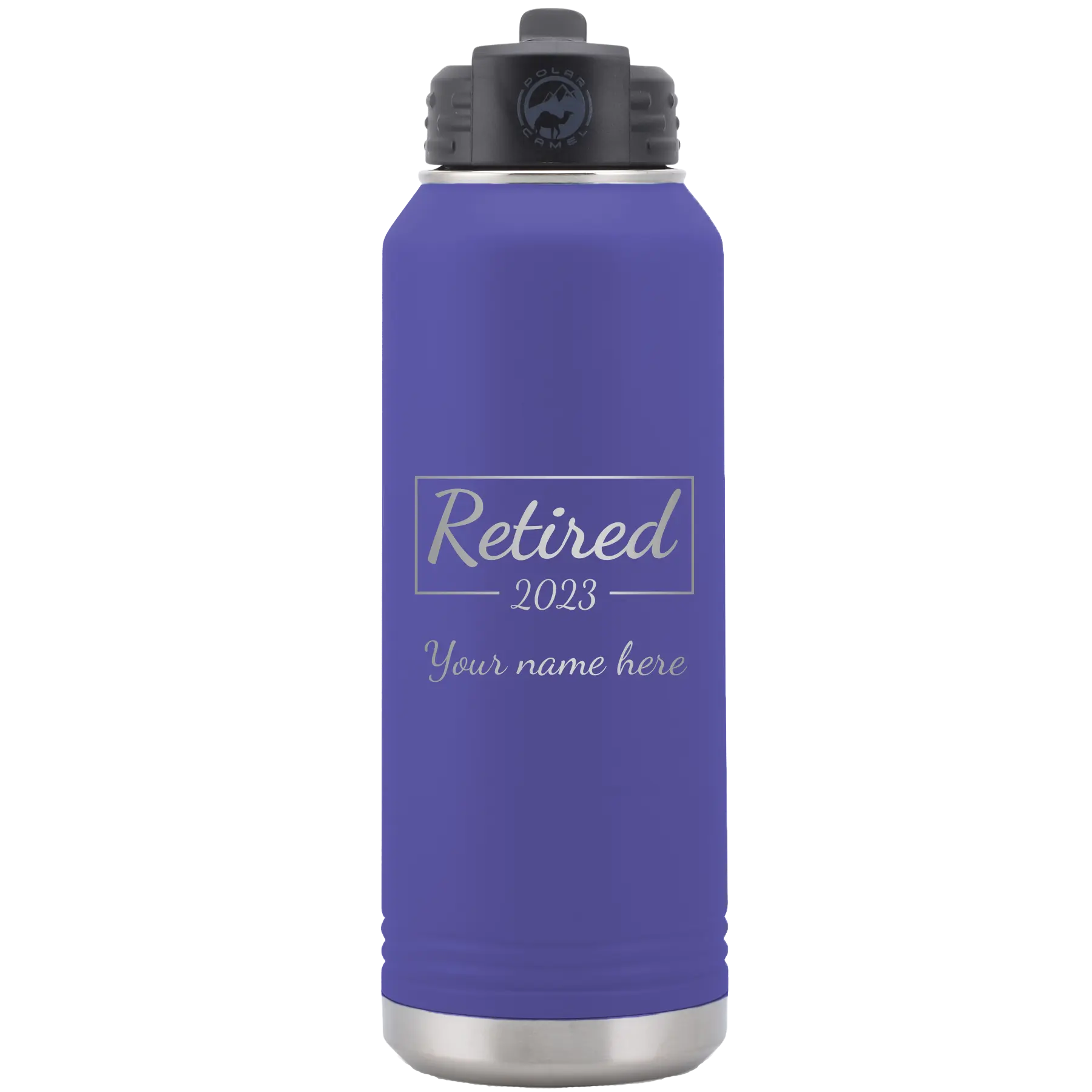 Personalized purple 32 oz vacuum insulated water bottle with 'Retired Script' design