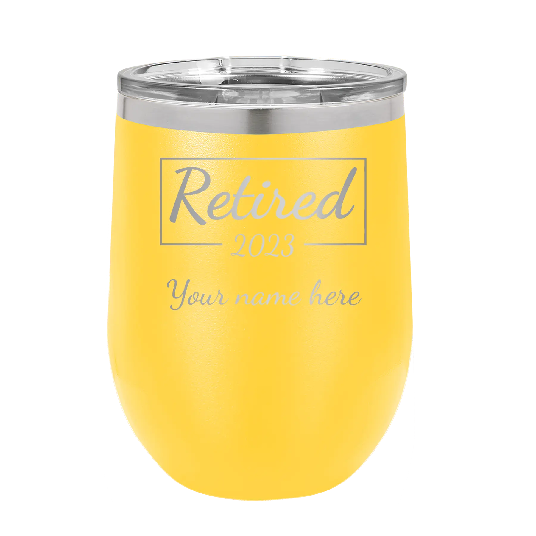 Personalized yellow 12 oz vacuum insulated wine cup with 'Retired Script' design