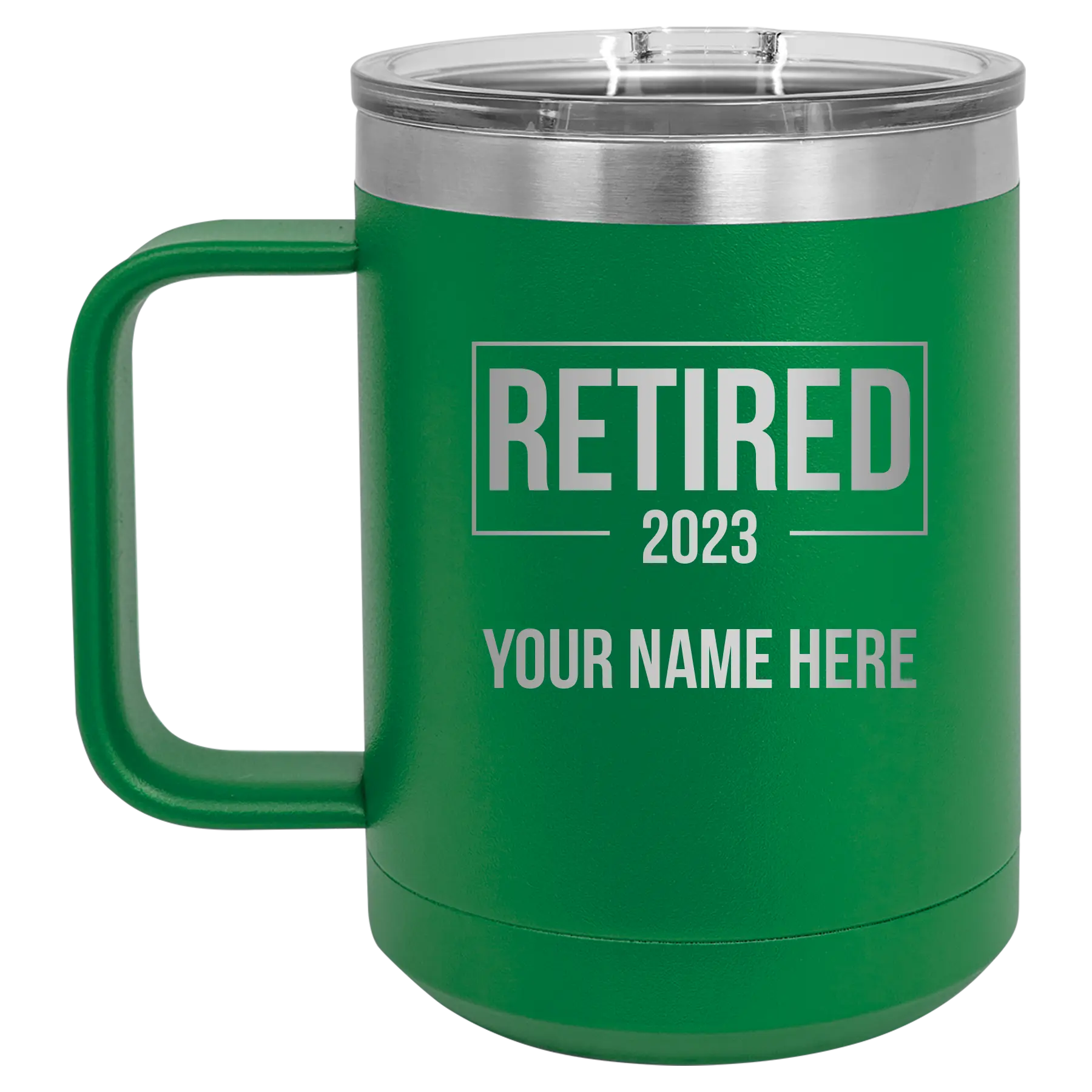 Personalized green 15 oz vacuum insulated coffee mug with 'Retired' design