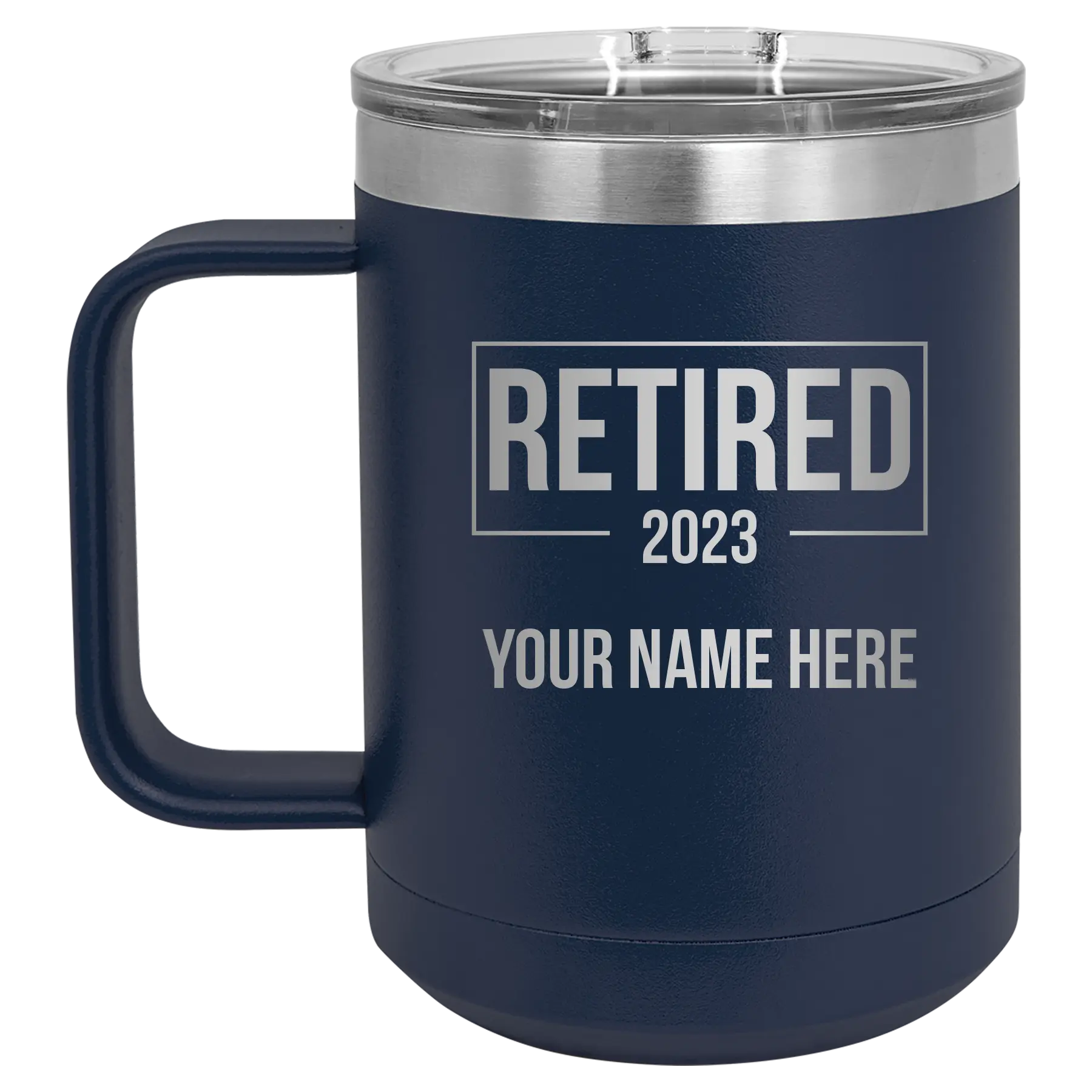 Personalized navy 15 oz vacuum insulated coffee mug with 'Retired' design