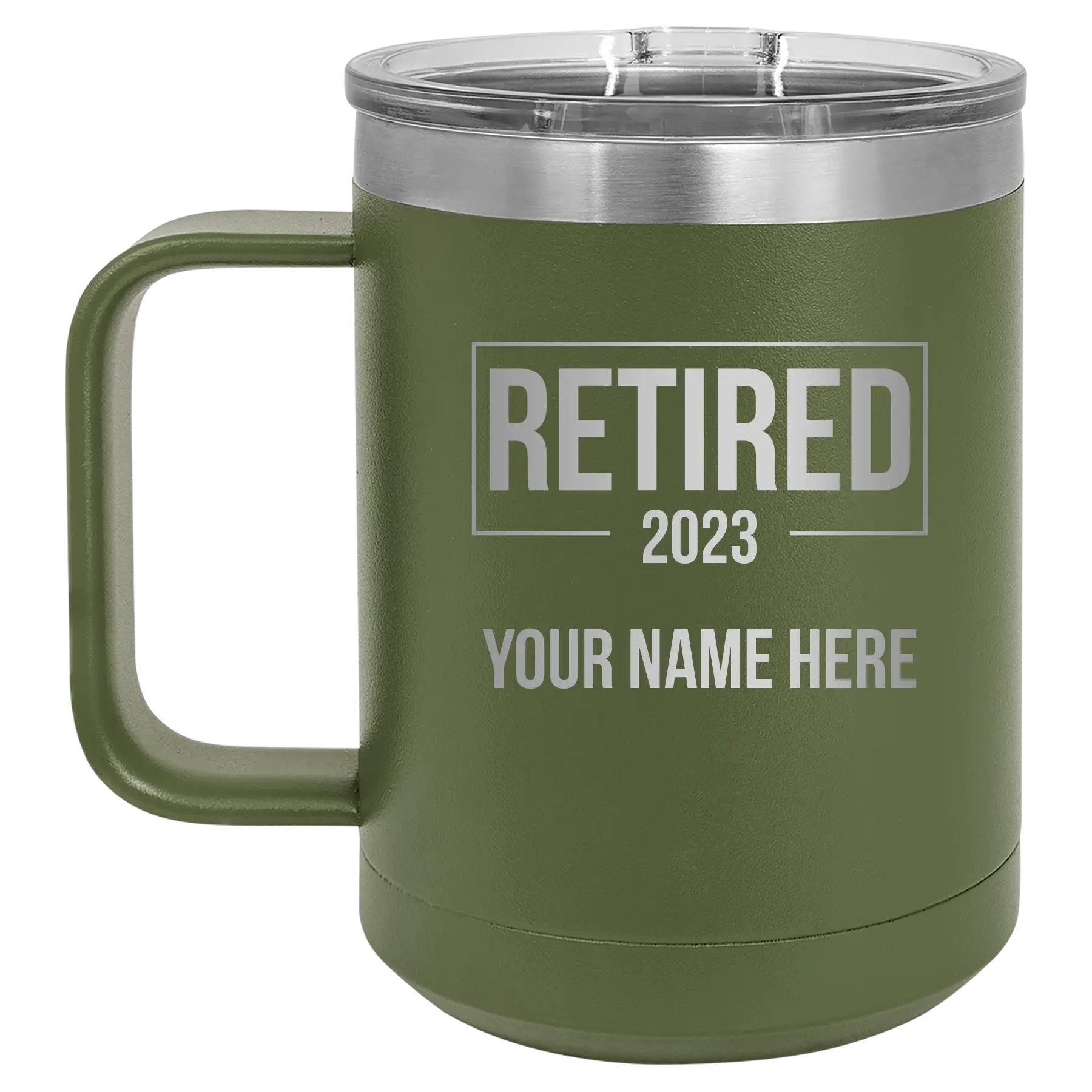 Personalized olive green 15 oz vacuum insulated coffee mug with 'Retired' design