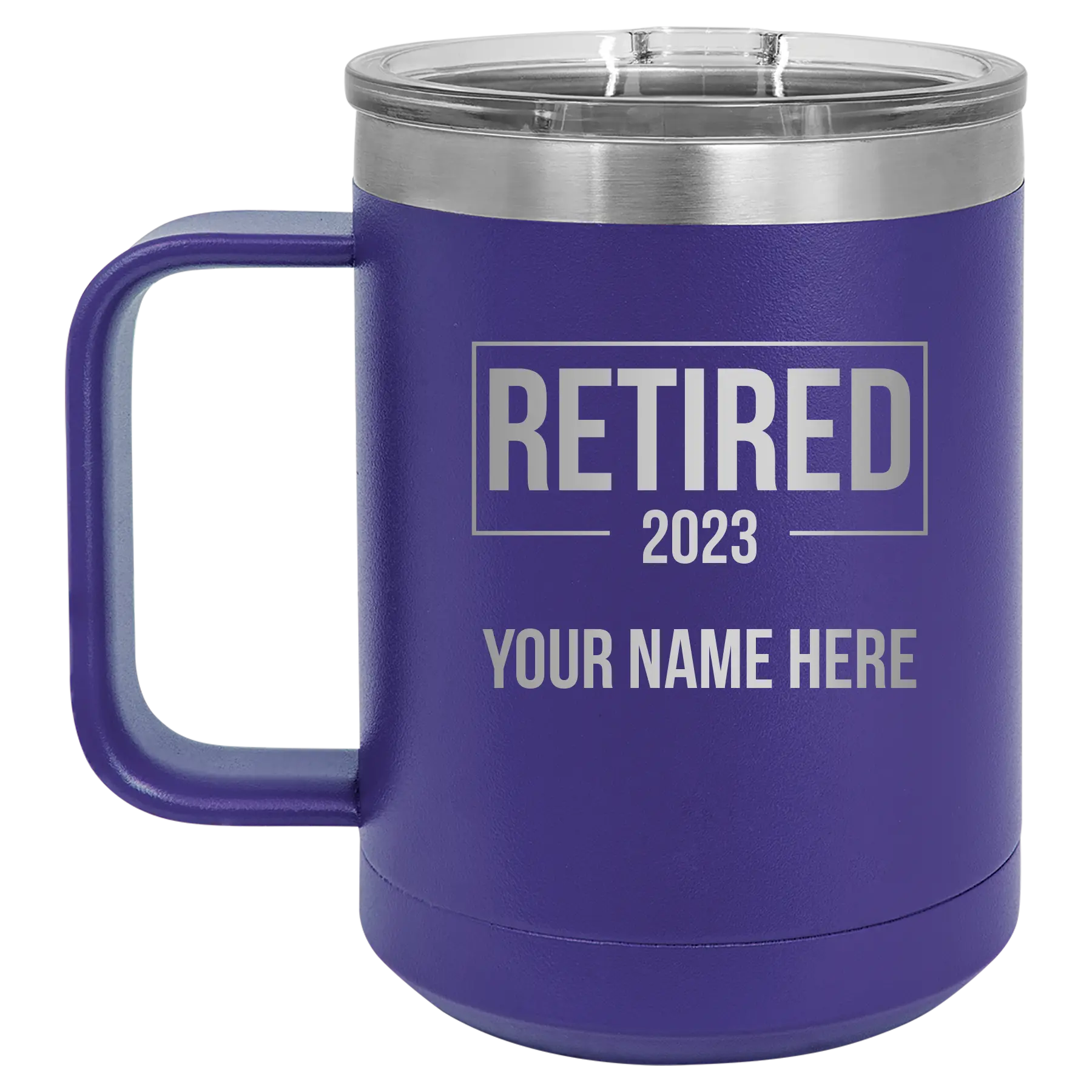 Personalized purple 15 oz vacuum insulated coffee mug with 'Retired' design